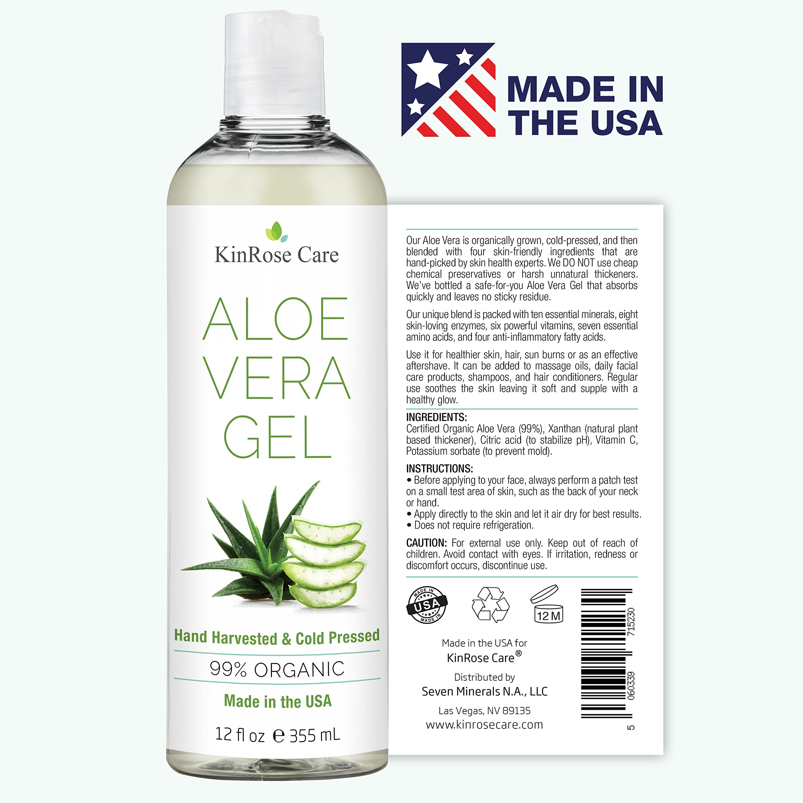 KinRose Care, 12oz Organic Aloe Vera Gel for Face, Skin, Hair & Sunburn Relief - From 100 Percent Pure Aloe Vera KinRose Care buy supplements canada