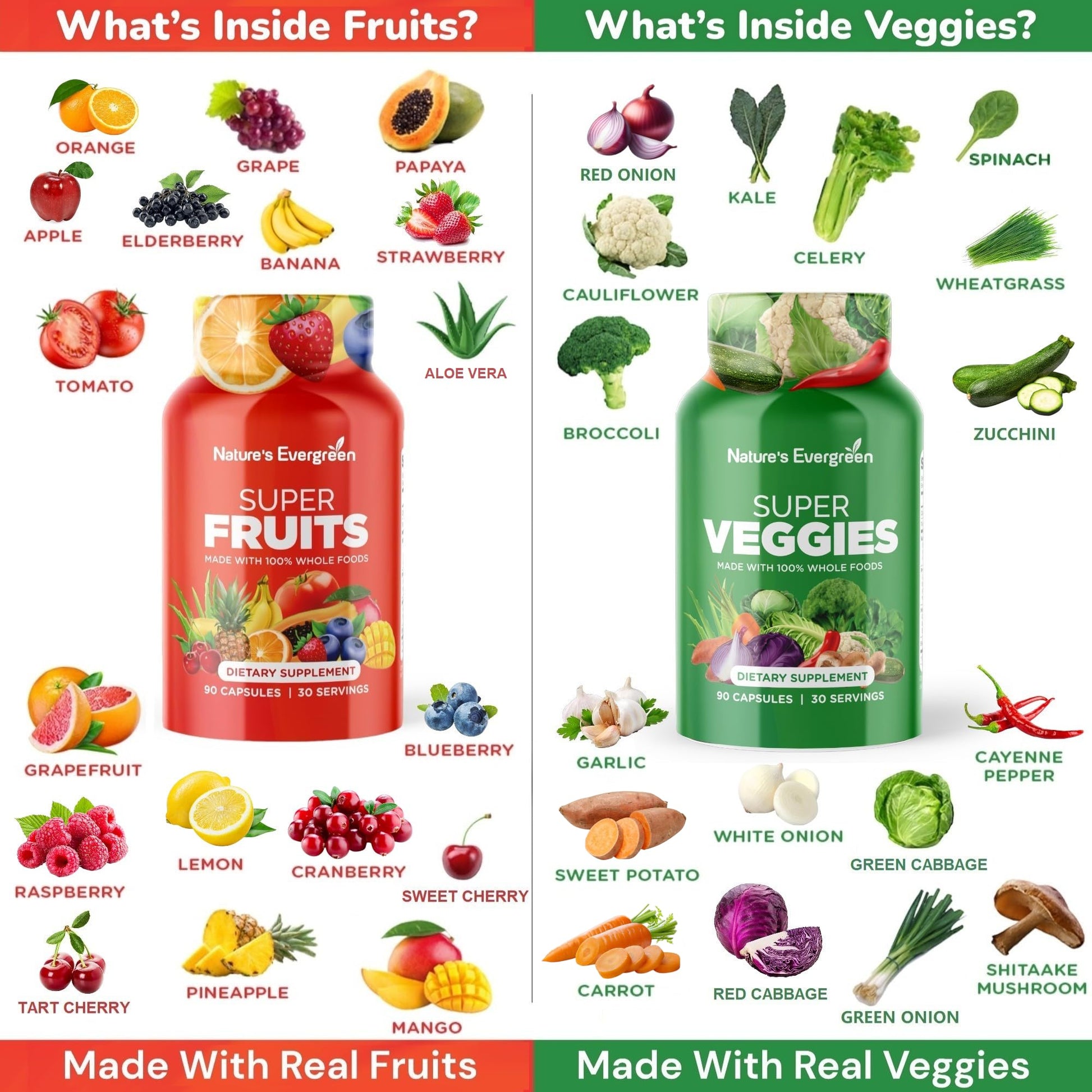 Fruits and Veggies Supplement - Nature Fruits and Vegetables Supplements - Vegan, Non GMO, Soy Free, Superfood Vitamins & Minerals Nutritional Balance - (Total 180 Capsules - Pack of 2) Made in USA Nature's Evergreen buy supplements canada