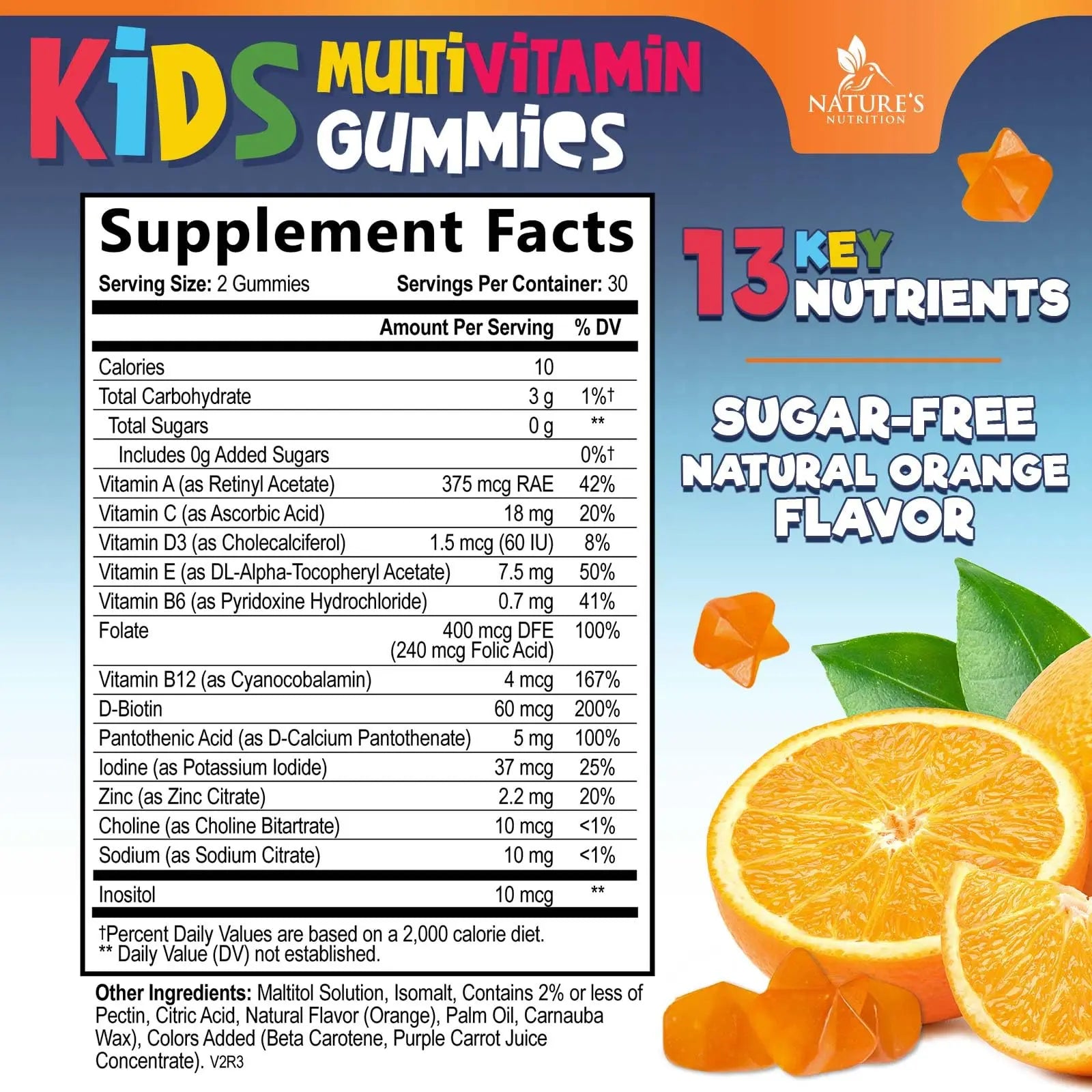 Kids Multivitamin Gummies - Improved Sugar-Free Formula - 100% Daily Folate, Kids Vitamins with Essential Vitamins A, C, D3, E, B6, B12 Nature's Nutrition buy supplements canada