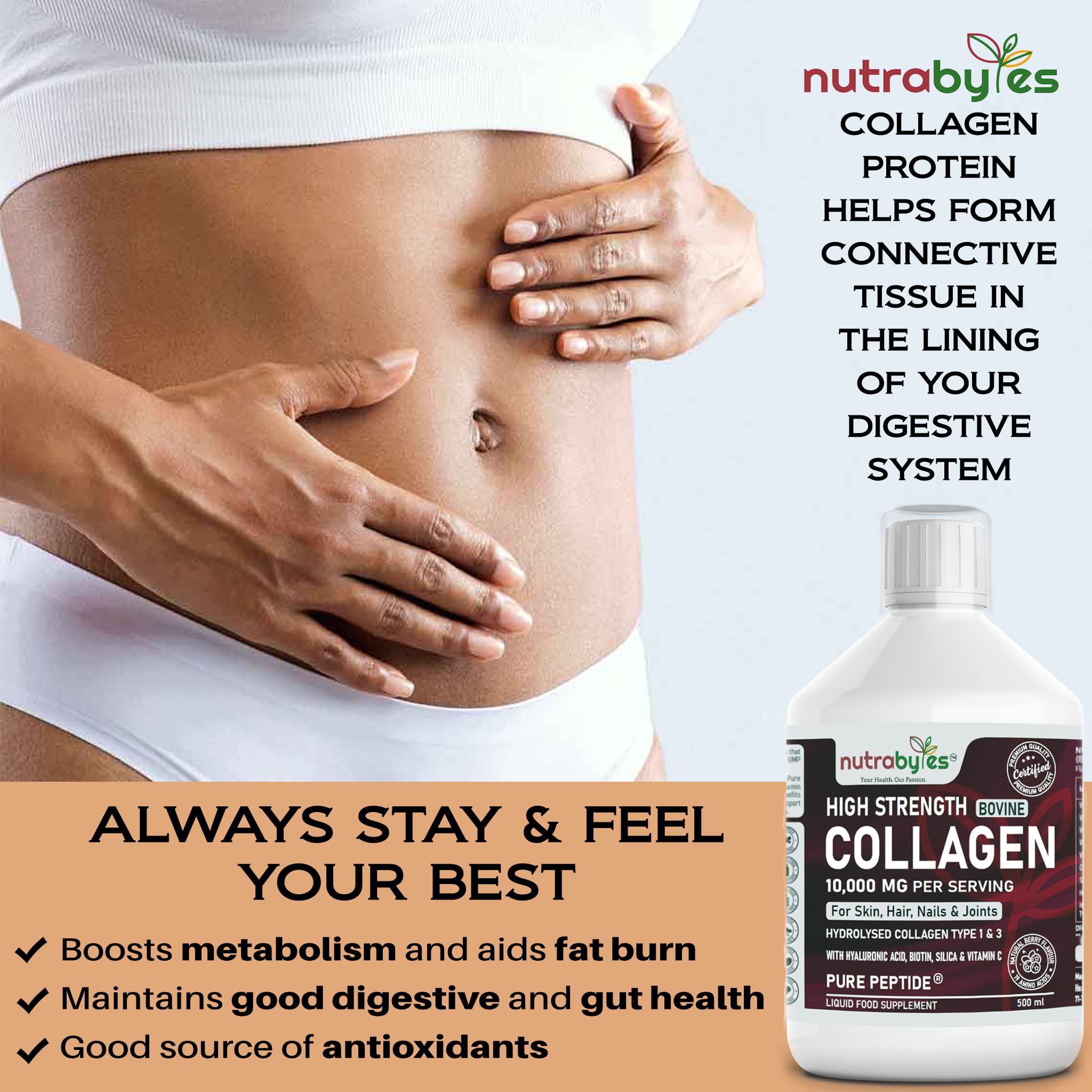 Collagen Liquid 10000mg, Hydrolysed Peptides | Hyaluronic Acid, Biotin, Silica, Vitamin C, Vitamin B12 NUTRABYTES buy supplements canada
