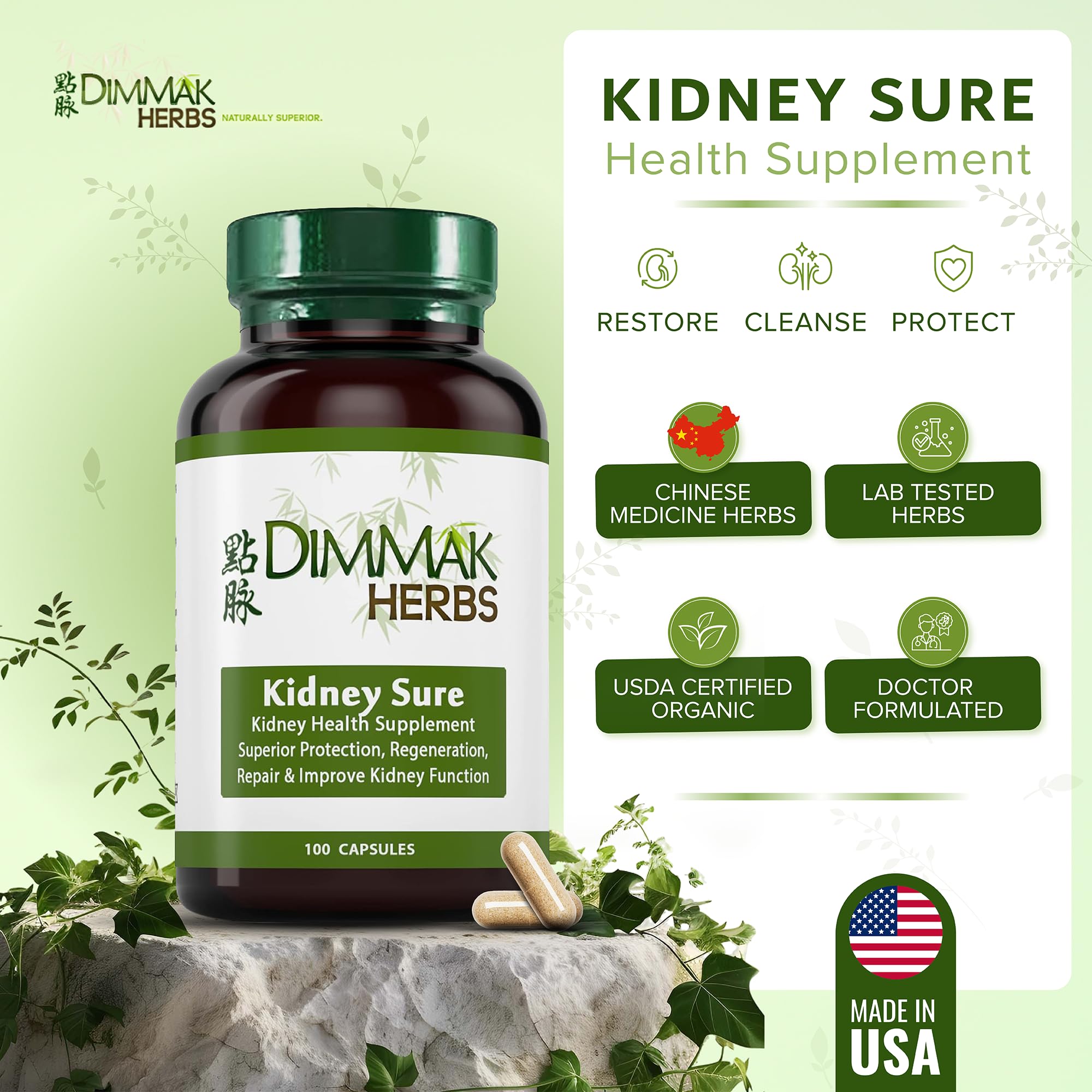 Dimmak Herbs Kidney Sure- Kidney Cleanse & Revitilization Tonic- Organic Herbal Support for Renal Health, Urinary Tract Flow & Vitality- TCM Doctor Formulated, Vegan- 400mg 100 Capsules Dimmak Herbs buy supplements canada