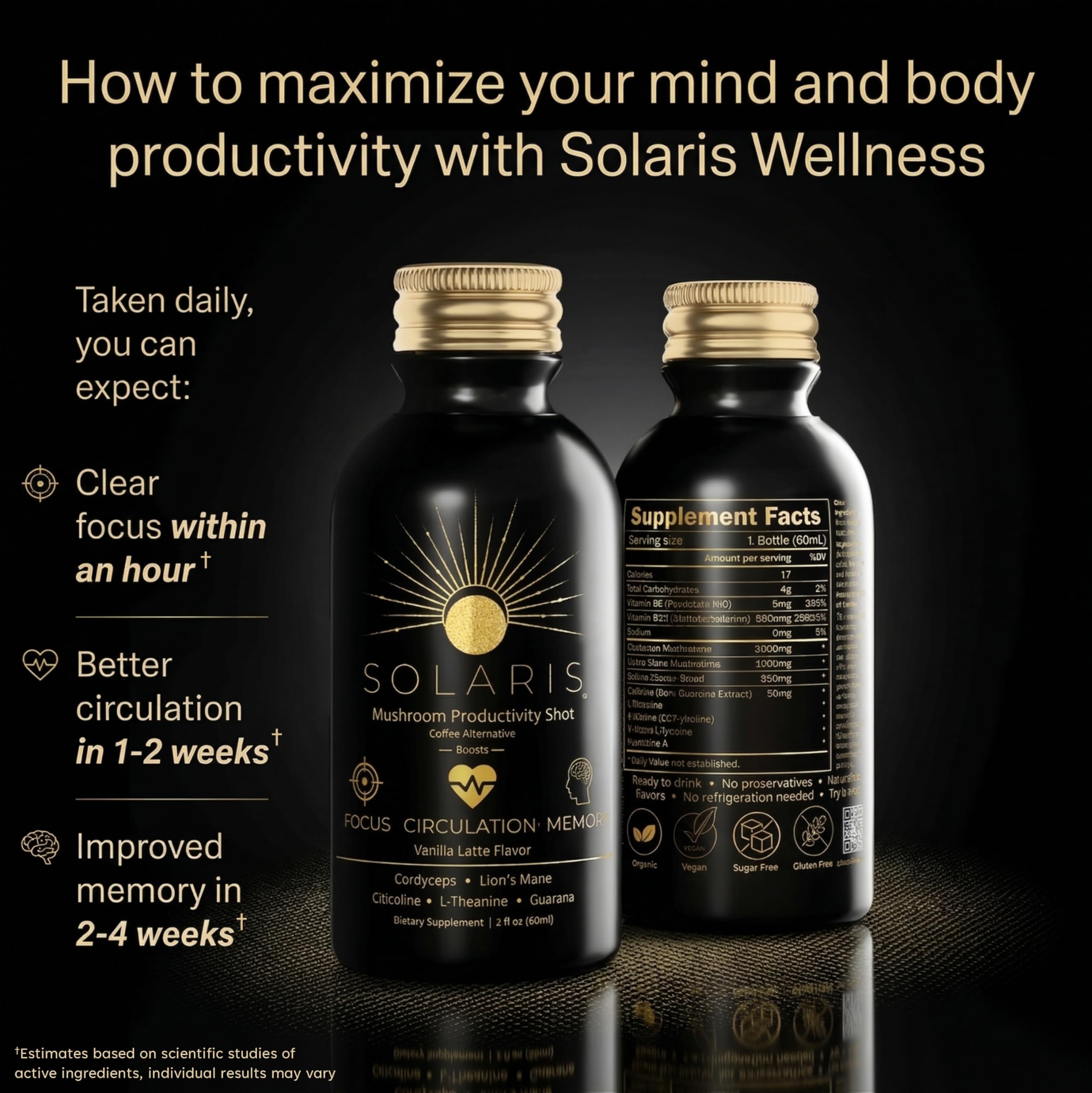Solaris Mushroom Productivity Wellness Shots | Focus, Circulation, Memory | 4000mg of Cordyceps & Lion's Mane | Citicoline, L-Theanine, Vitamin B6/B12 | Coffee Alternative (6-Pack) Solaris Extracts buy supplements canada