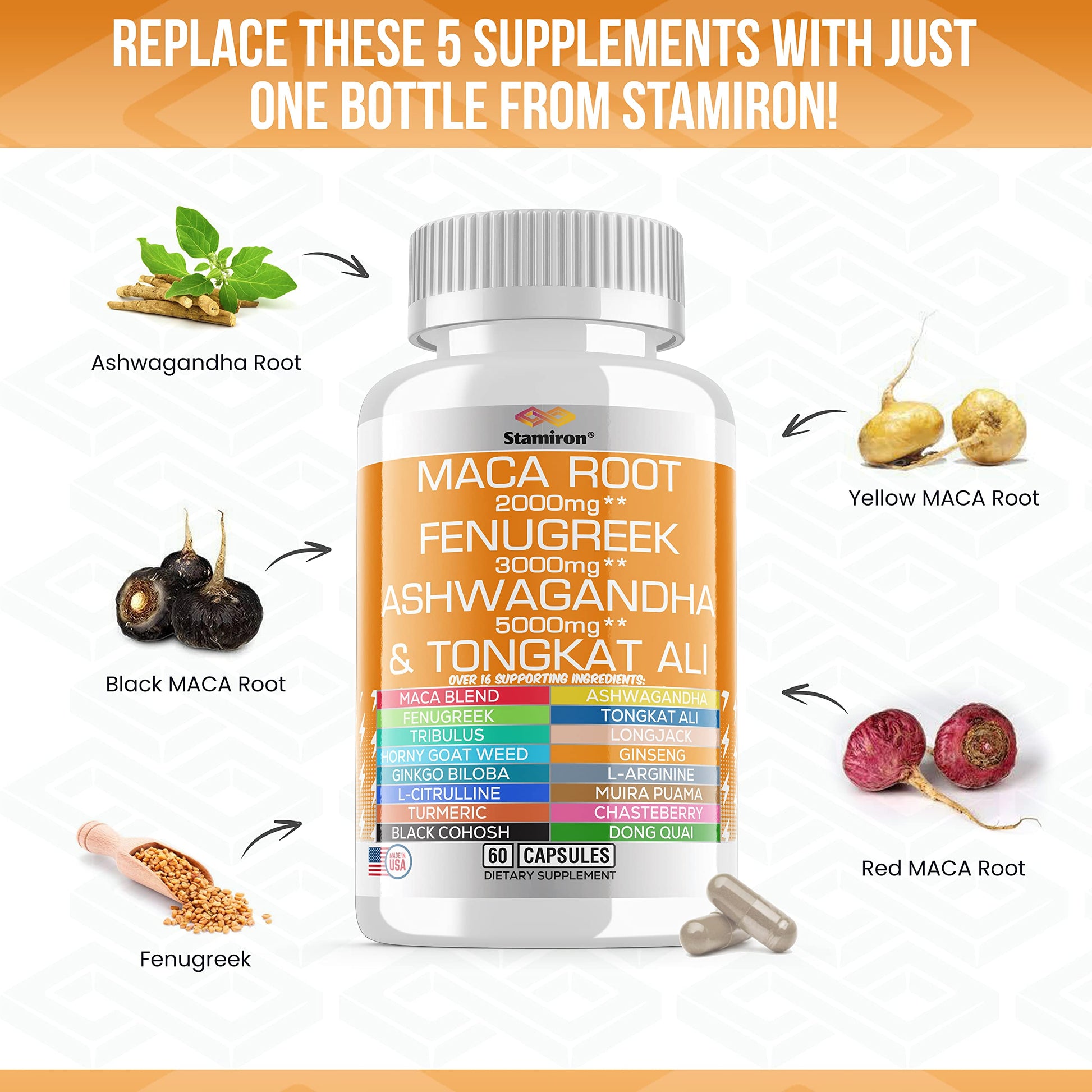 Stamiron Maca Root 2000mg Fenugreek 3000mg Ashwagandha 5000mg Supplement Stamiron buy supplements canada