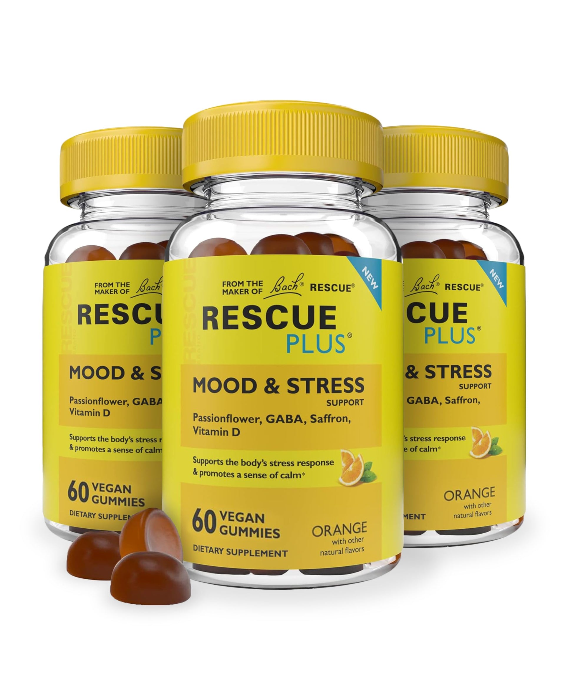 RESCUE Bach Plus Mood & Stress Support Gummies, Daytime Dietary Supplement with Passionflower, GABA, Saffron & Vitamin D, Natural Orange Flavor, Vegan & Gluten-Free, 3 Pack, 180 Count Total RESCUE buy supplements canada