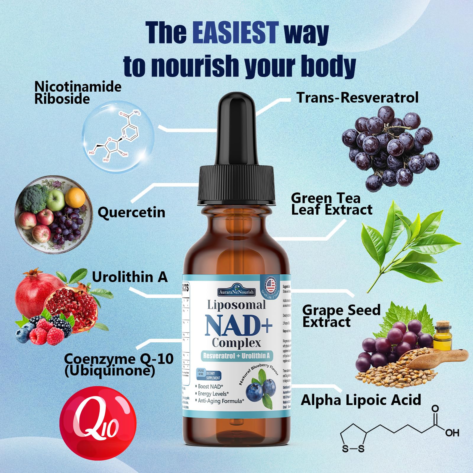 Liposomal NAD+ Liquid Drops, 8-in-1 NAD⁺ Nicotinamide Riboside Resveratrol 900mg w. Quercetin & Urolithin A | Fast Absorption NAD+ Supplement with CoQ10, ALA | Cellular Energy, Anti-Aging, Vitality AuraraNeNourish buy supplements canada