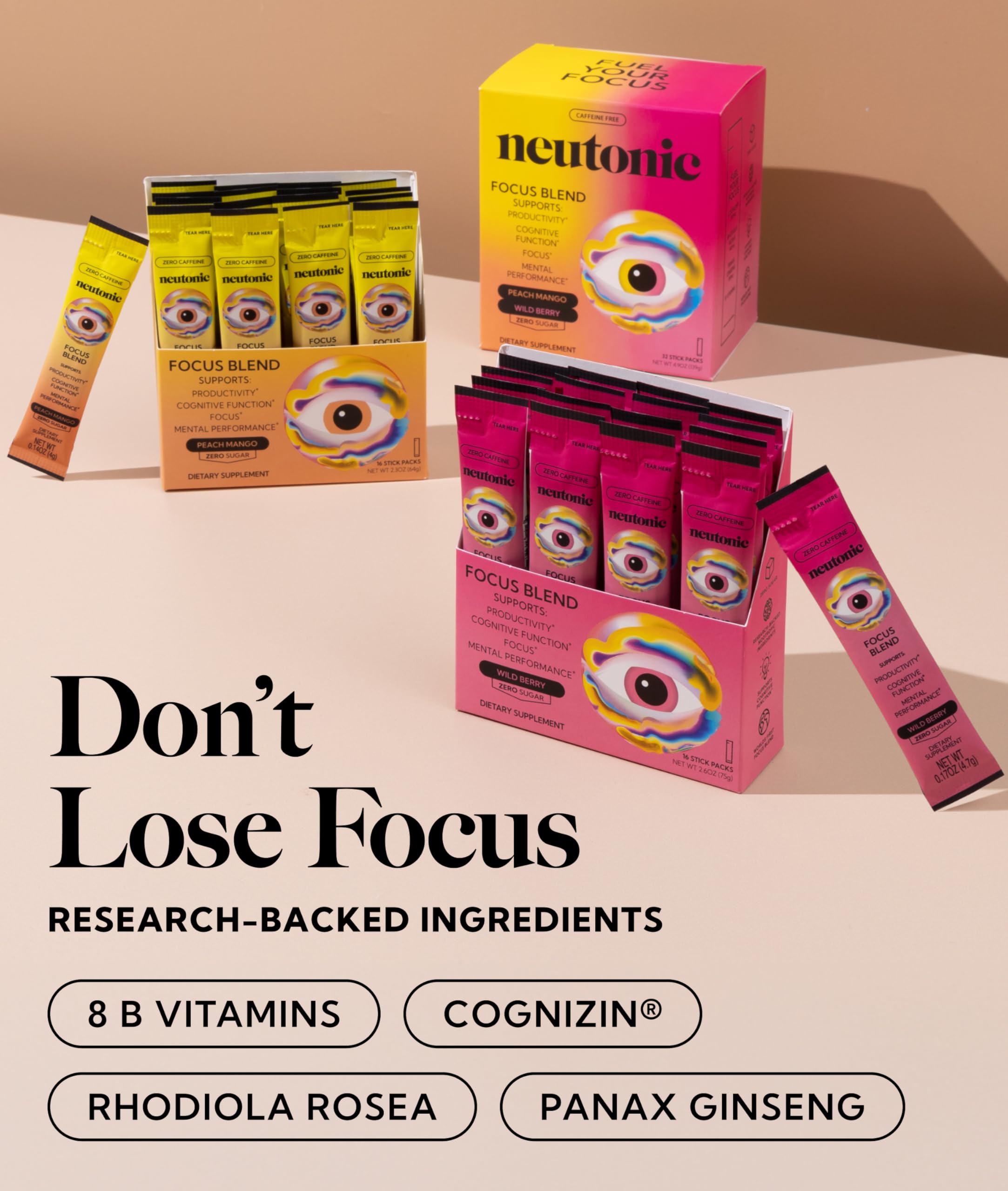 Neutonic Nootropic Focus Blend Powder | Peach Mango & Wild Berry 32 Sticks | Caffeine Free, Zero Sugar | Support Memory, Mental Clarity, Cognitive Function | Boost Focus, Energy, Brain Health Neutonic buy supplements canada