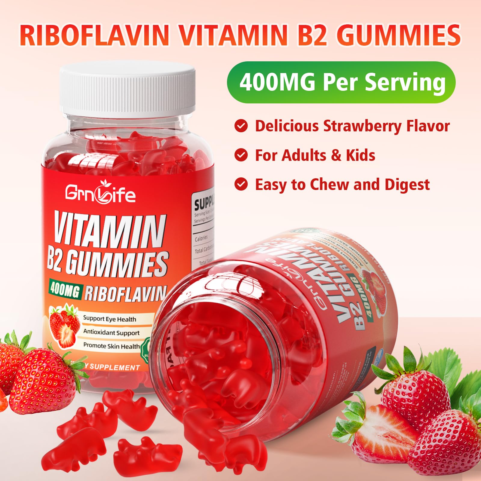 GrnLife 2 Pack Vitamin B2 Gummies, Riboflavin 400mg with Magnesium for Kids & Adults, Migraine Relief & Energy Support GrnLife buy supplements canada
