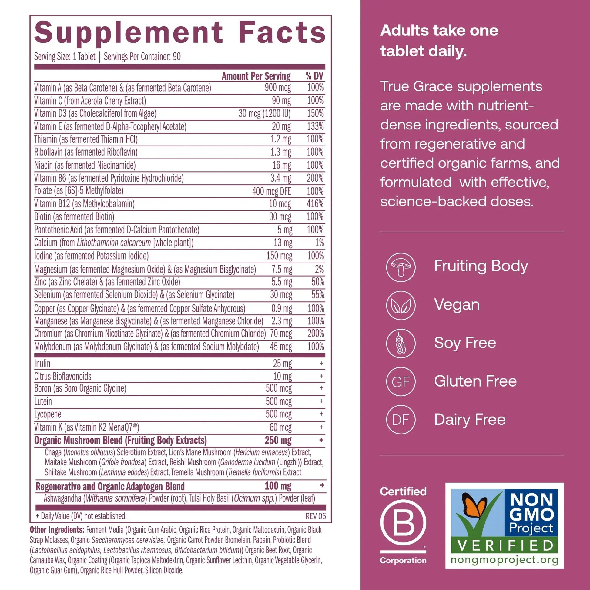 True Grace One Daily Women’s Multivitamin 40+ Fermented Minerals, Organic Adaptogens & Mushrooms Energy, Immune, Bone Support True Grace buy supplements canada