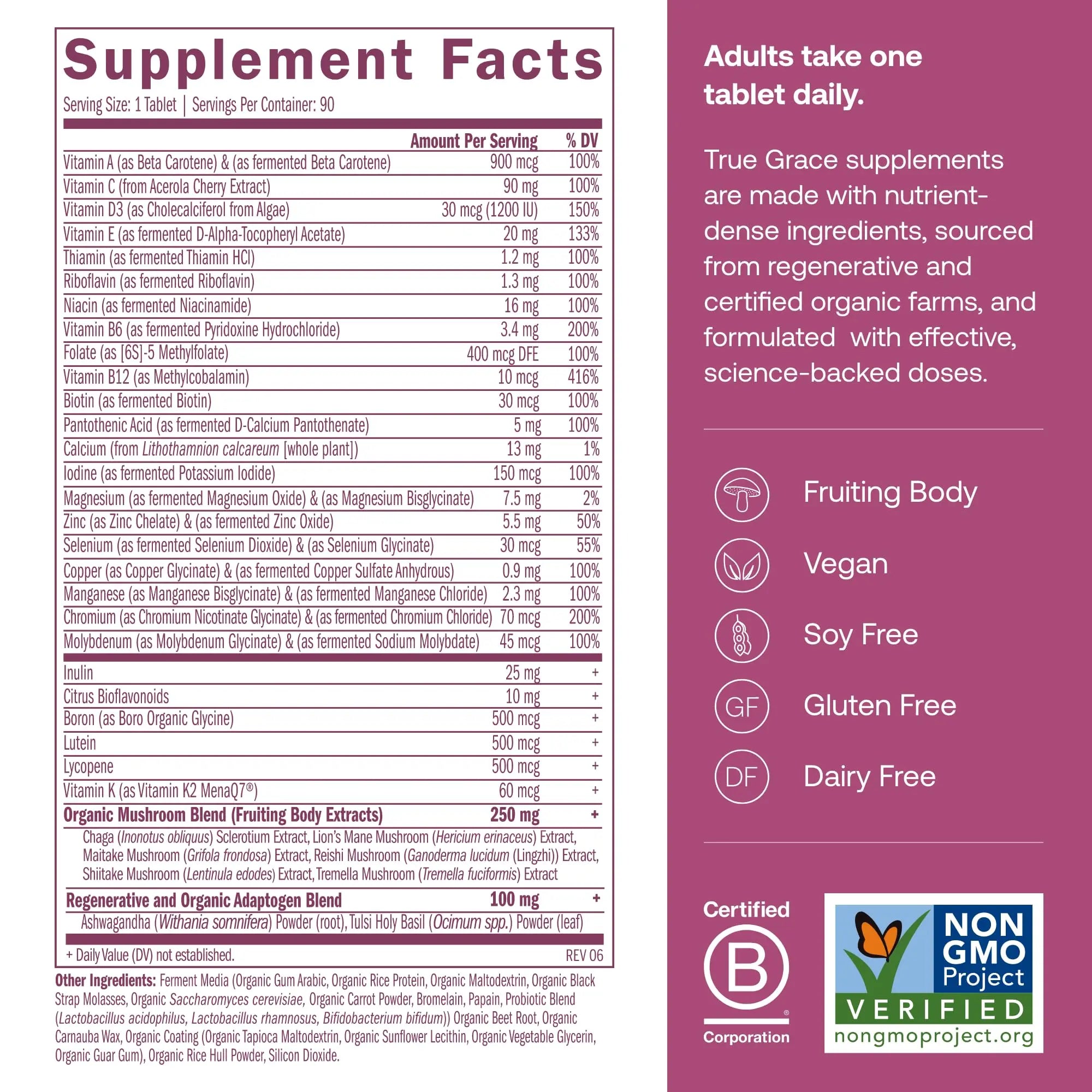 True Grace One Daily Women’s Multivitamin 40+ Fermented Minerals, Organic Adaptogens & Mushrooms Energy, Immune, Bone Support True Grace buy supplements canada