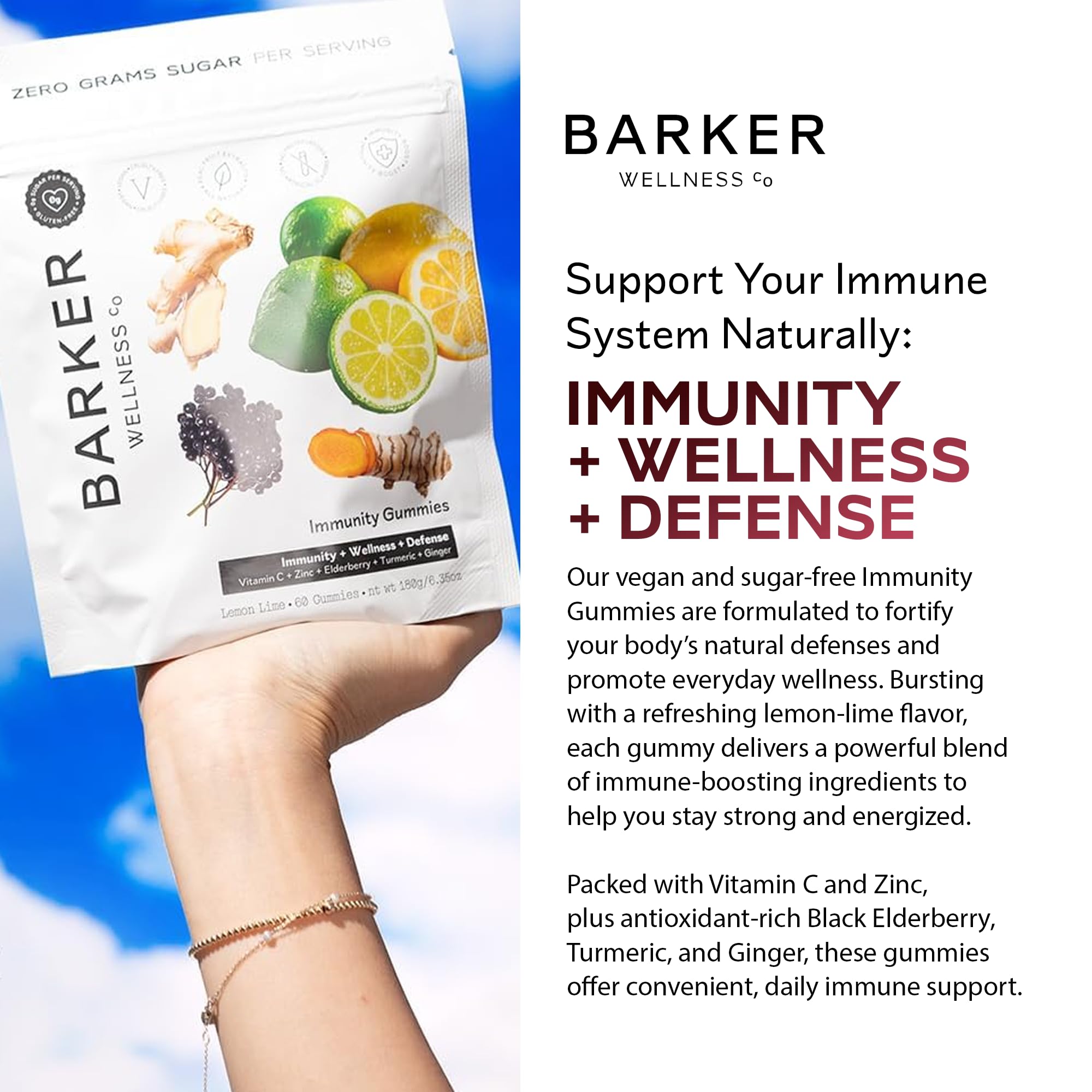 Barker Wellness Immunity Gummies with Vitamin C, Zinc, Elderberry, Turmeric & Ginger for Daily Immune Support | Vegan, Sugar-Free, Lemon-Lime Flavor | Seasonal Wellness Essentials, 60 Count Barker Wellness Co buy supplements canada