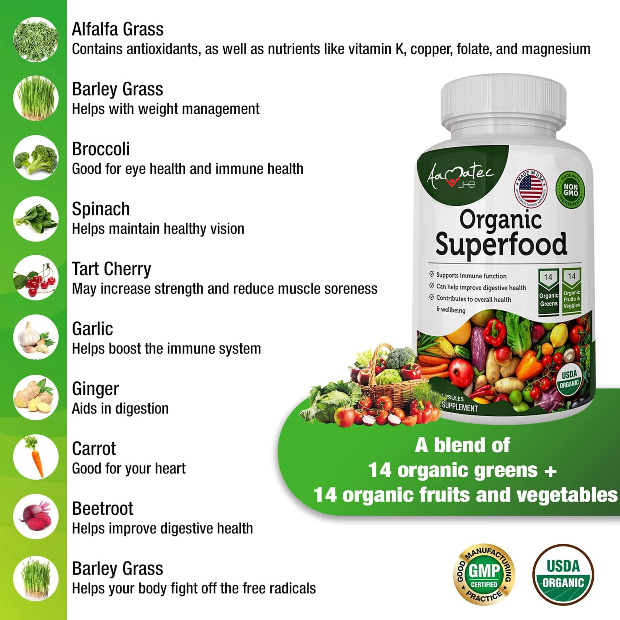 AAMATEC LIFE Organic Superfood Greens Fruits and Veggies Complex - Dietary Supplement with 14 Greens &14 Vegetables with Alfalfa Rich in Antioxidants Organic Ingredients Non-GMO (120 Count Pack of 2) AAMATEC LIFE buy supplements canada