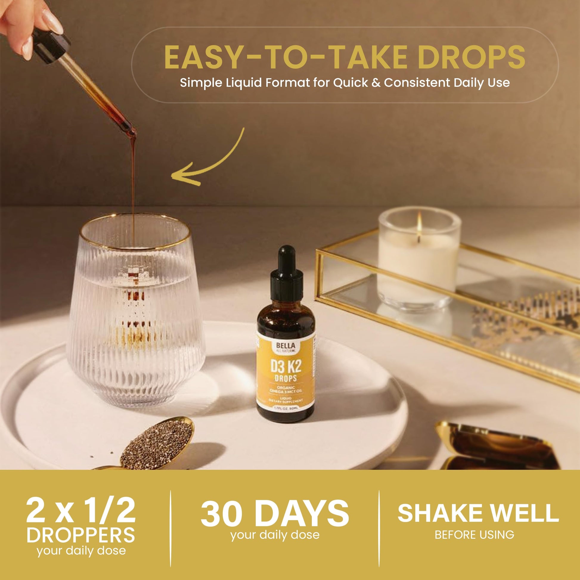 Bella All Natural Vitamin D3 K2 Liquid Drops 5000 IU (Unflavored) - Omega 3 with MCT Oil - Bella All Natural buy supplements canada