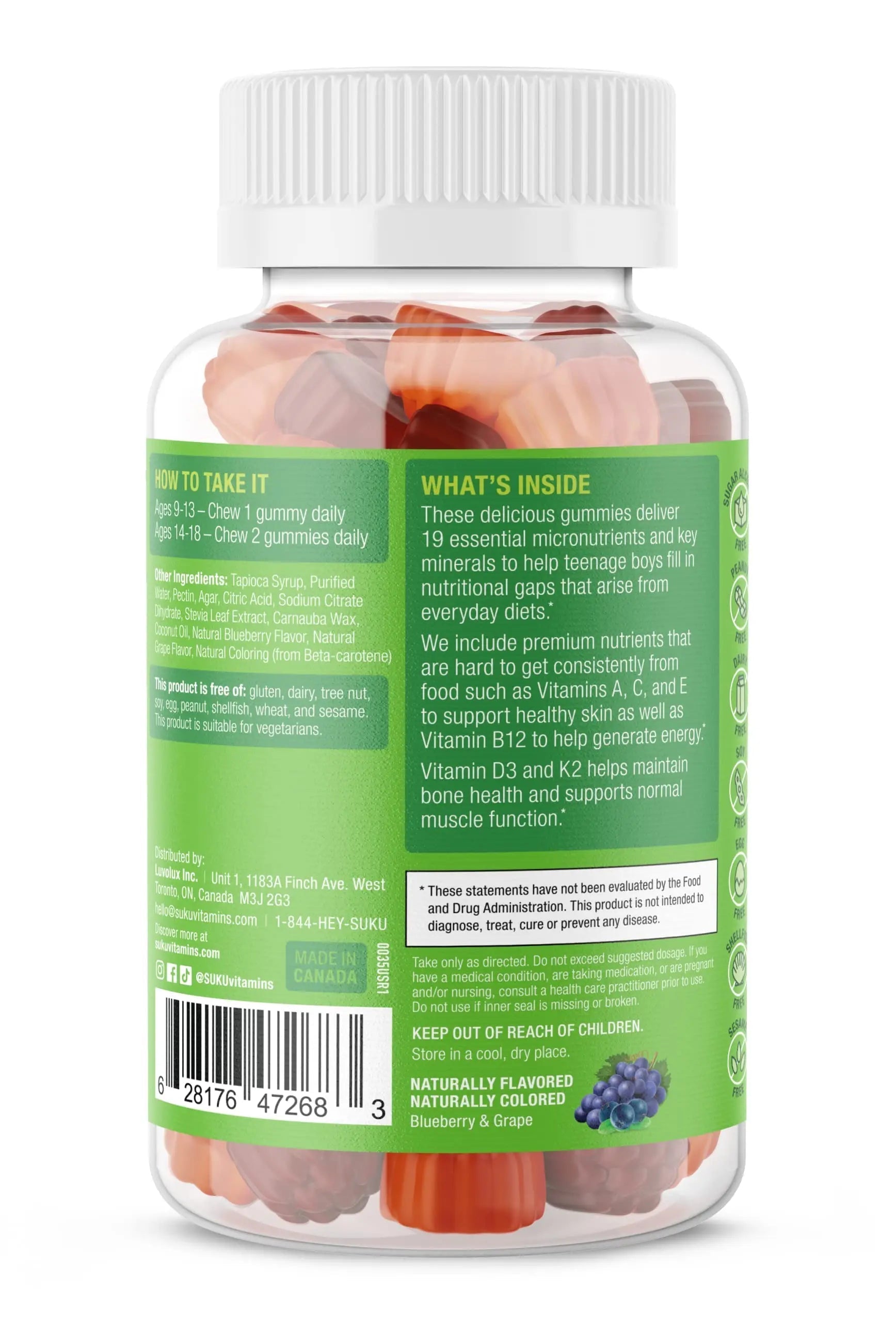 SUKU Teen Boy Multivitamin Gummies – Vitamins A, B12, C, D3, E, Zinc & Biotin – Sugar-Free Vegetarian Supplement SUKU buy supplements canada
