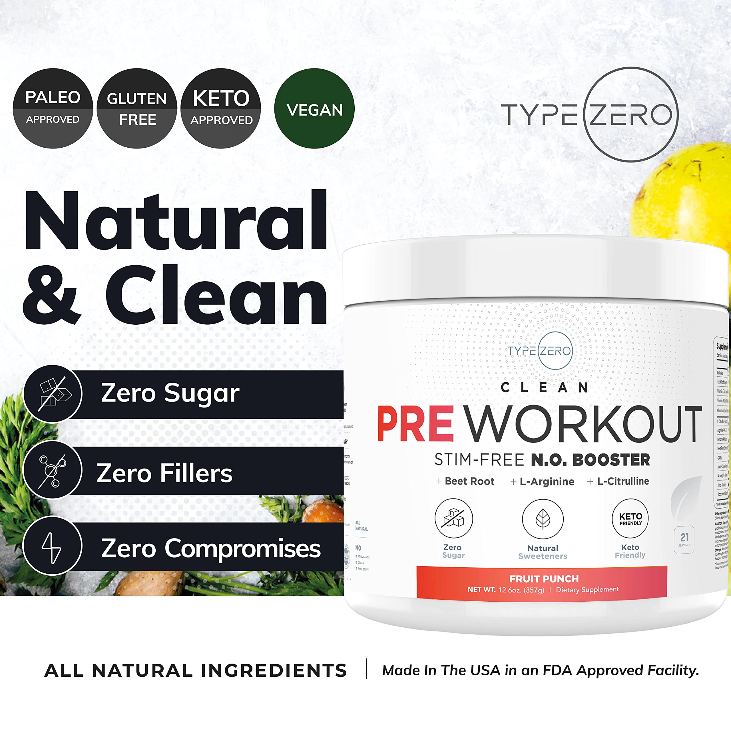 Ultra Clean Stim Free Pump Pre Workout + Nitric Oxide Booster (Fruit Punch) Beetroot, 7G Arginine Citrulline Malate, Betaine, Beta A, ACV+ - Sugar/Caffeine Free Natural Non Stim Preworkout Men & Women Type Zero buy supplements canada