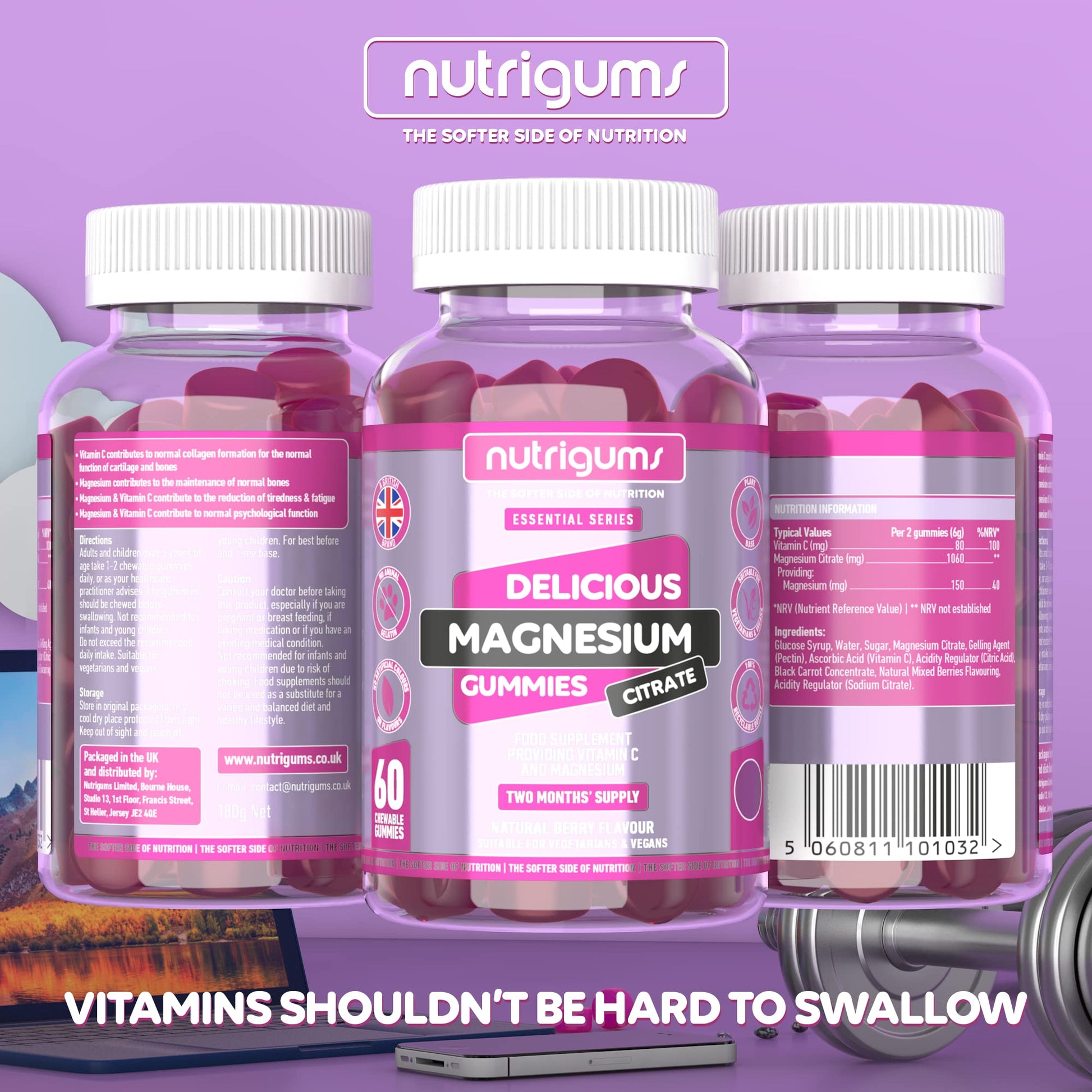 Magnesium Citrate 1250mg & Vitamin C Gummy | Mixed Berry Flavour | 60 Vegan Gummies Nutrigums buy supplements canada