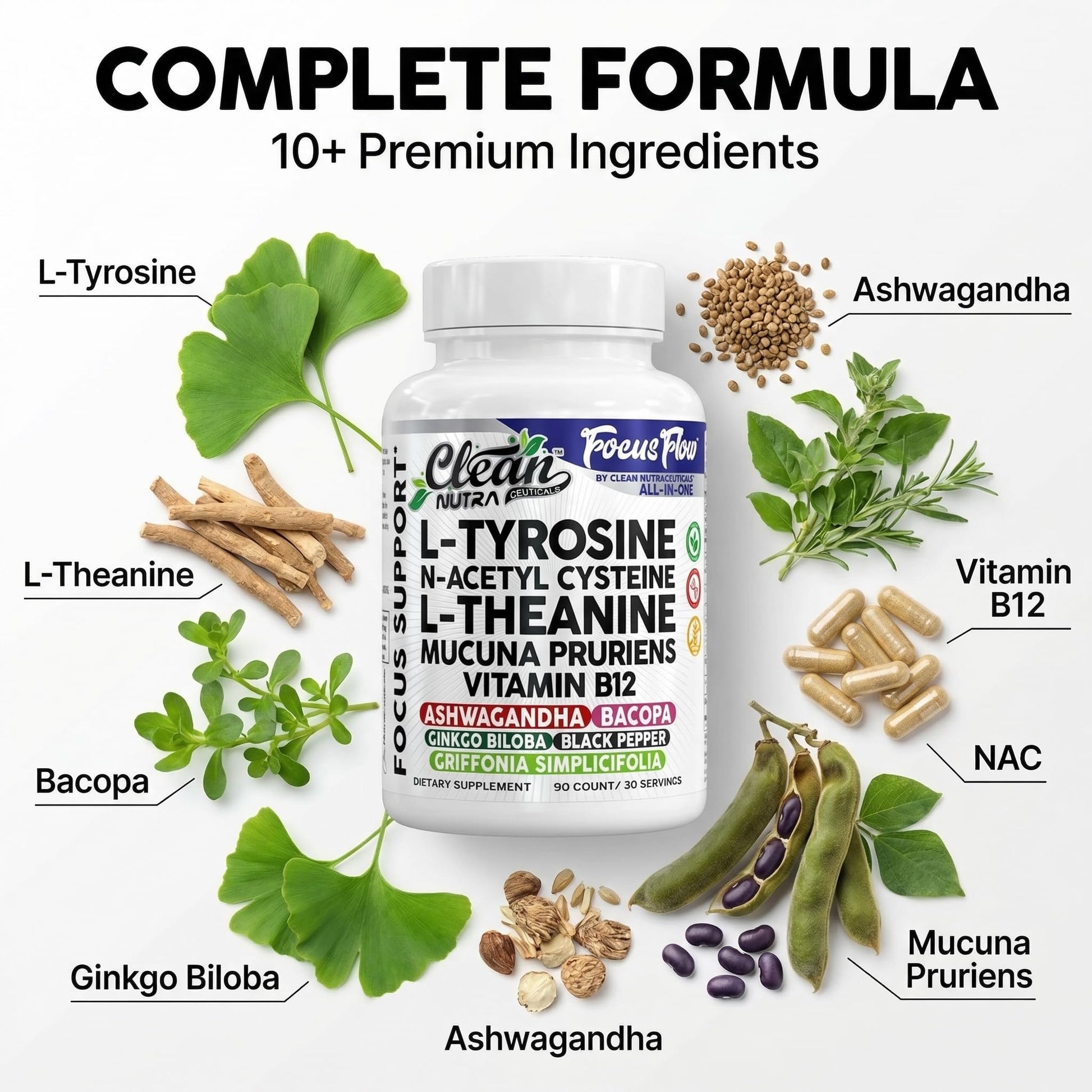 Focus Flow L-Tyrosine Vitamin B C D L-Theanine Ashwagandha Ginkgo Biloba Vitamin B12 Thiamine Black Pepper N-Acetylcysteine Mucuna Pruriens 90 Count Capsules by Clean Nutra Clean Nutraceuticals buy supplements canada