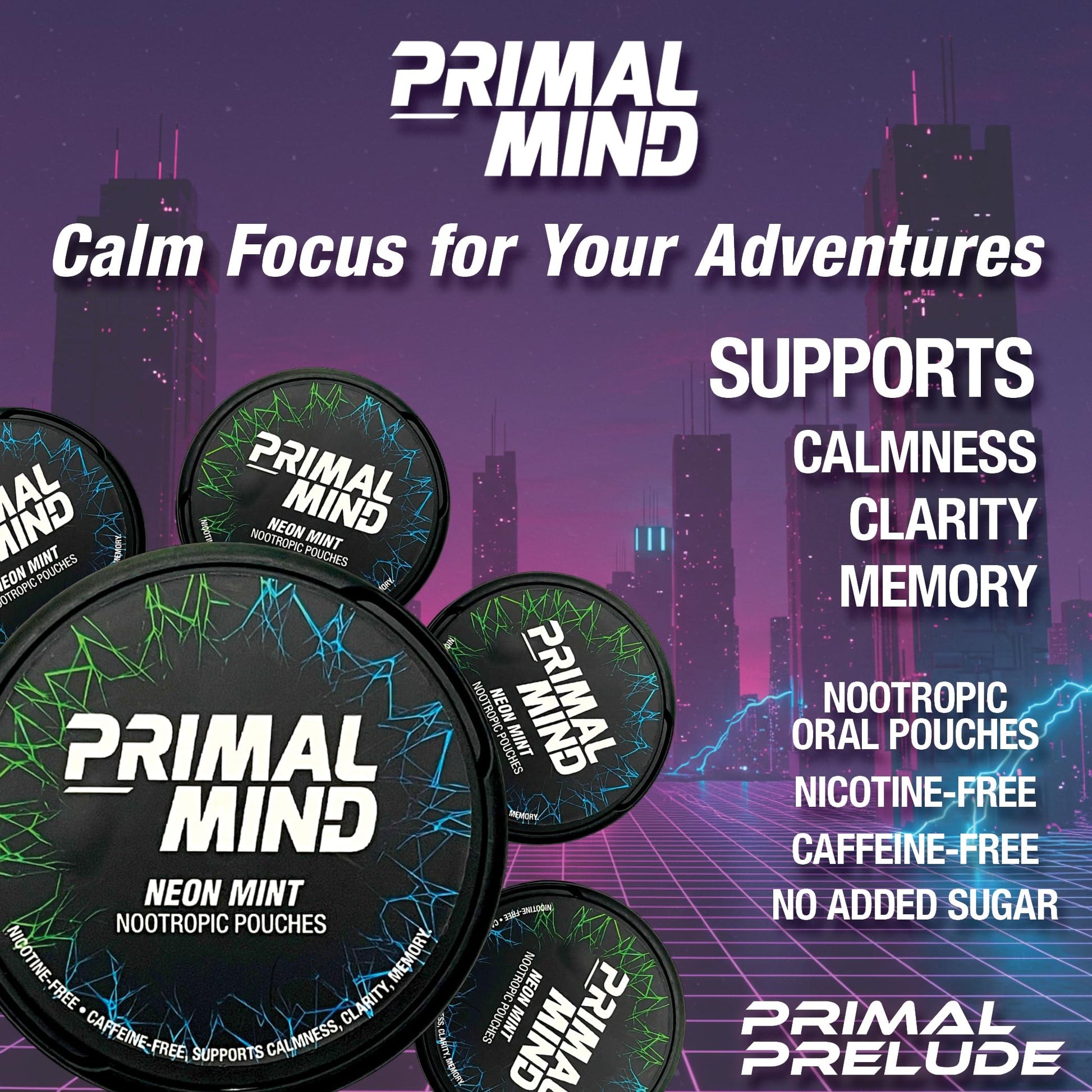 Nootropic Pouches - Primal Mind Caffeine Free Nootropics Pouches Made with Ginkgo Biloba & L-Theanine - Nicotine Free Brain Boost, No Sugar, Cognitive Support – 20 Pouches Per Can, 5 Pack (Neon Mint) Primal Prelude buy supplements canada