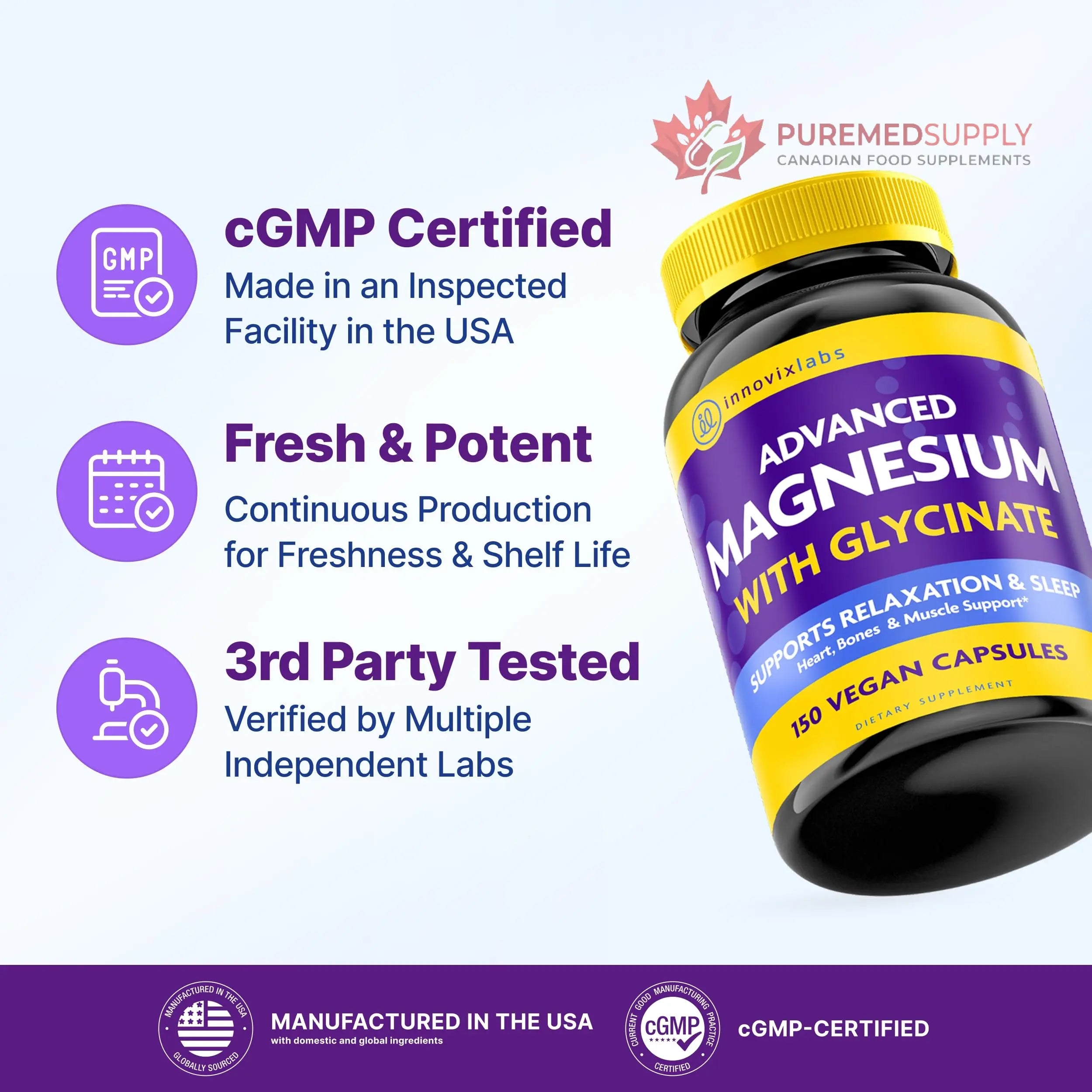 InnovixLabs Advanced Magnesium Capsules - 150 Ct, 210 mg - Chelated Glycinate and Malate - High Absorption, Promotes Relaxation, Bones, Muscle Health, Vegan Malate Sleep Supplement InnovixLabs buy supplements canada