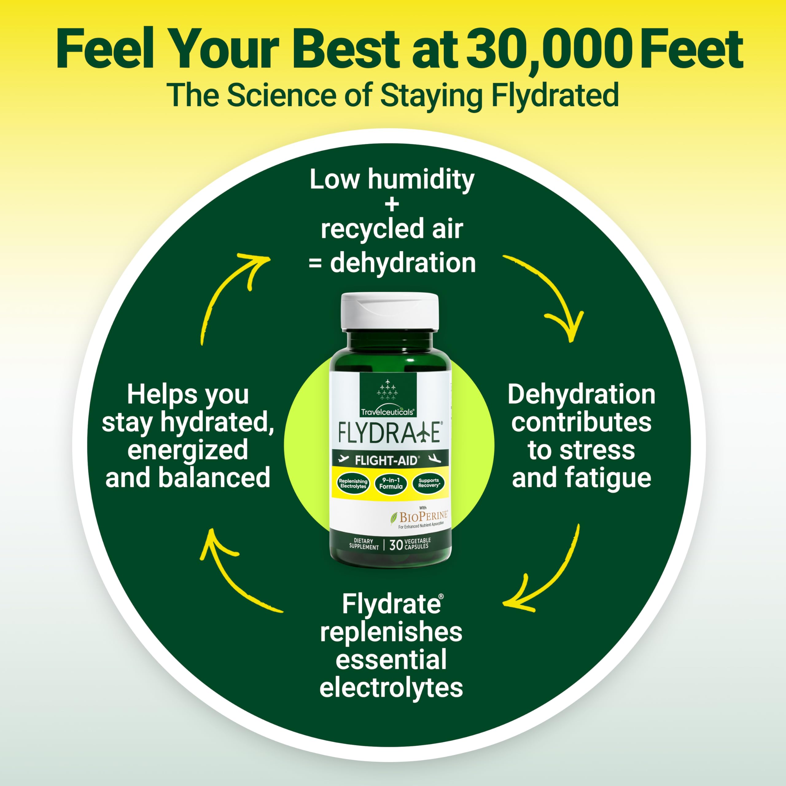 Flight-Aid | Replenishing Electrolyte Hydration Capsules Made for Travel, Jet Lag, Fatigue & Recovery | 9-in-1 Formula with Essential Electrolytes, Vitamins, Minerals & Bioperine® | 30 Capsules Flydrate buy supplements canada