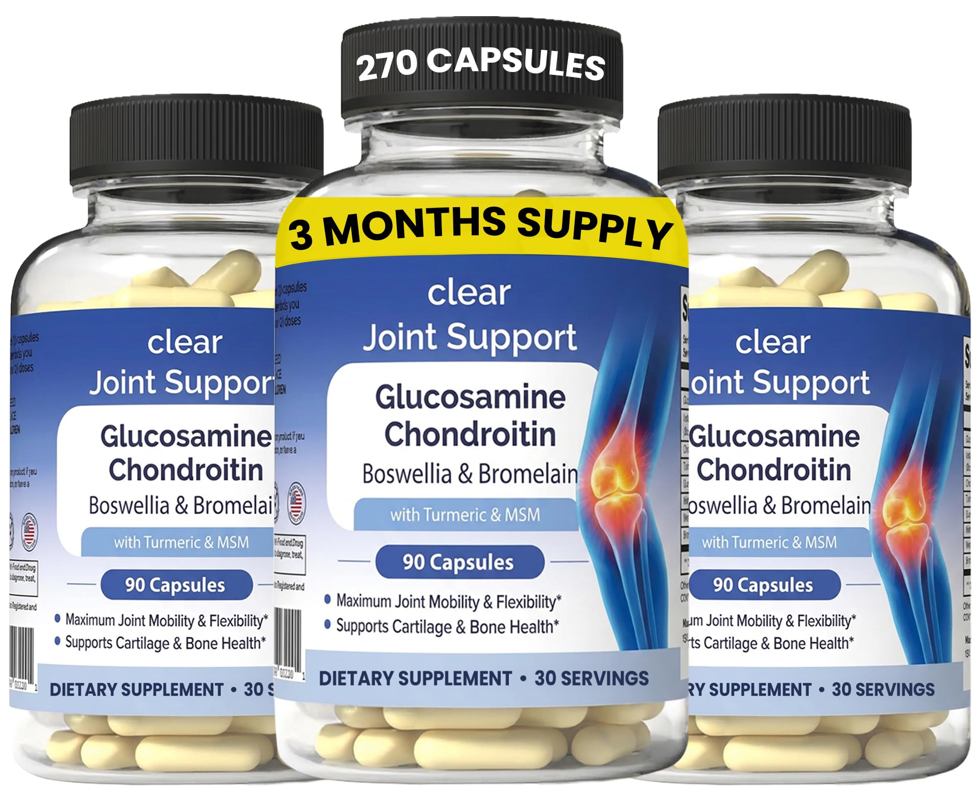 Clear Joint Support - 3-Month Supply | 3-Pack (270 Capsules) | Glucosamine Chondroitin MSM, Turmeric & Boswellia | Supports Knee, Hip & Back Health | Made in USA Clear Probiotics buy supplements canada