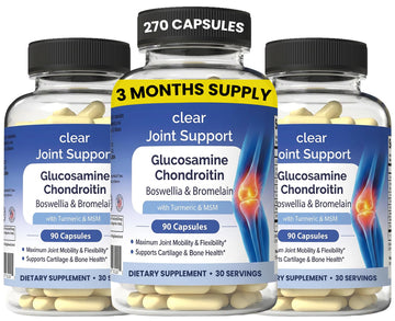 Clear Joint Support - 3-Month Supply | 3-Pack (270 Capsules) | Glucosamine Chondroitin MSM, Turmeric & Boswellia | Supports Knee, Hip & Back Health | Made in USA Clear Probiotics buy supplements canada