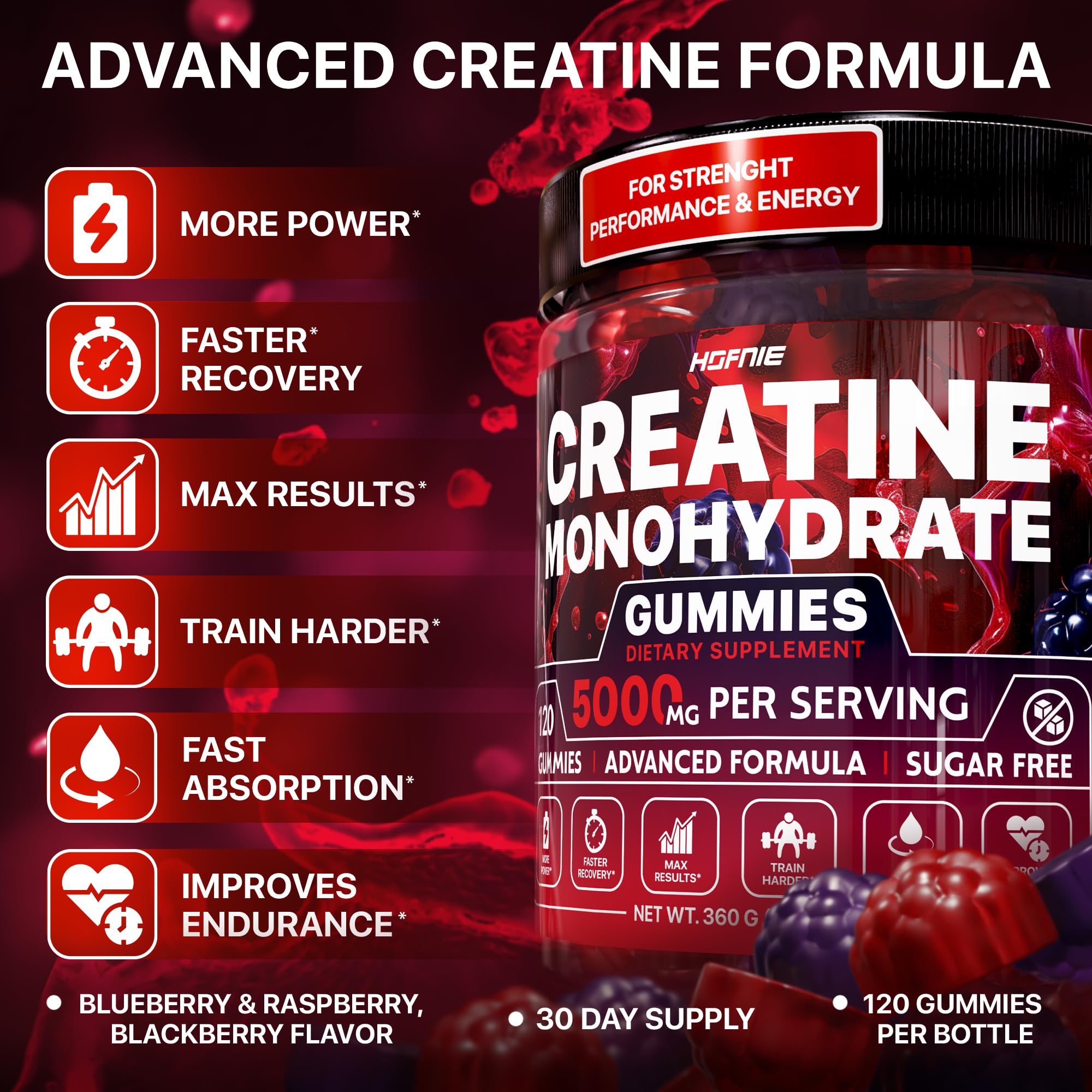 Hofnie Creatine Monohydrate Gummies 5000 mg – Vegan, Sugar-Free Pre Workout Creatine for Men & Women – Raspberry & BlackBerry Flavored Chewable Creatine Monohydrate, 120 Gummies (30-Day Supply) Hofnie buy supplements canada