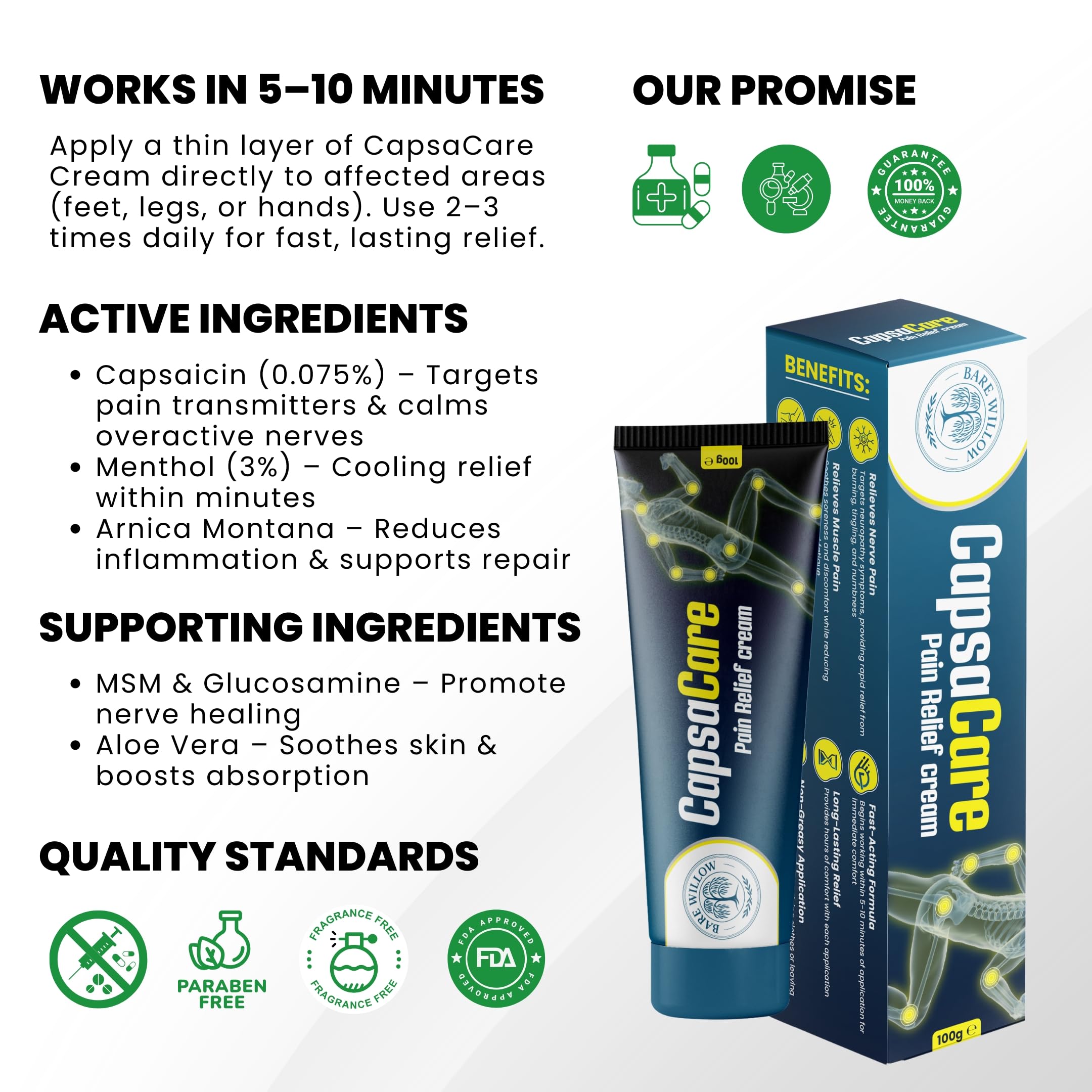 CapsaCare Cream with Capsaicin 0.125% & Magnesium, NeuroSoothe Blend with Arnica, Glucosamine, Menthol & Aloe, Fragrance Free, Non Greasy, Hydrating Topical Skin Cream for Men and Women, 100g (1 Pack) Bare Willow buy supplements canada