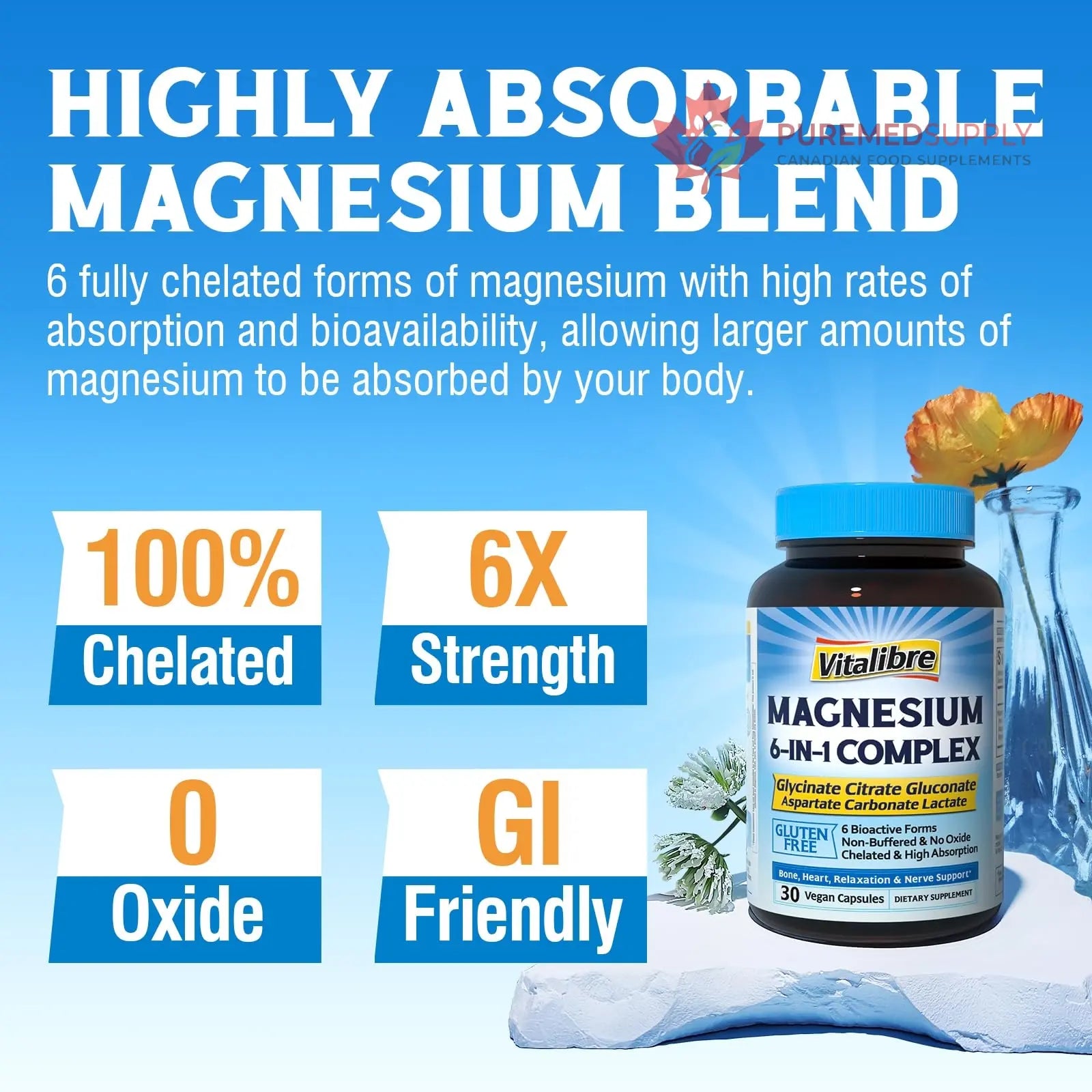 Vitalibre 6 in 1 Magnesium Complex for Women Men, 260mg Elemental Magnesium | Max Absorption | Chelated Magnesium Supplement for Bone, Relaxation & Nerves Support | Non-GMO, 120 Vegan Capsules Vitalibre buy supplements canada