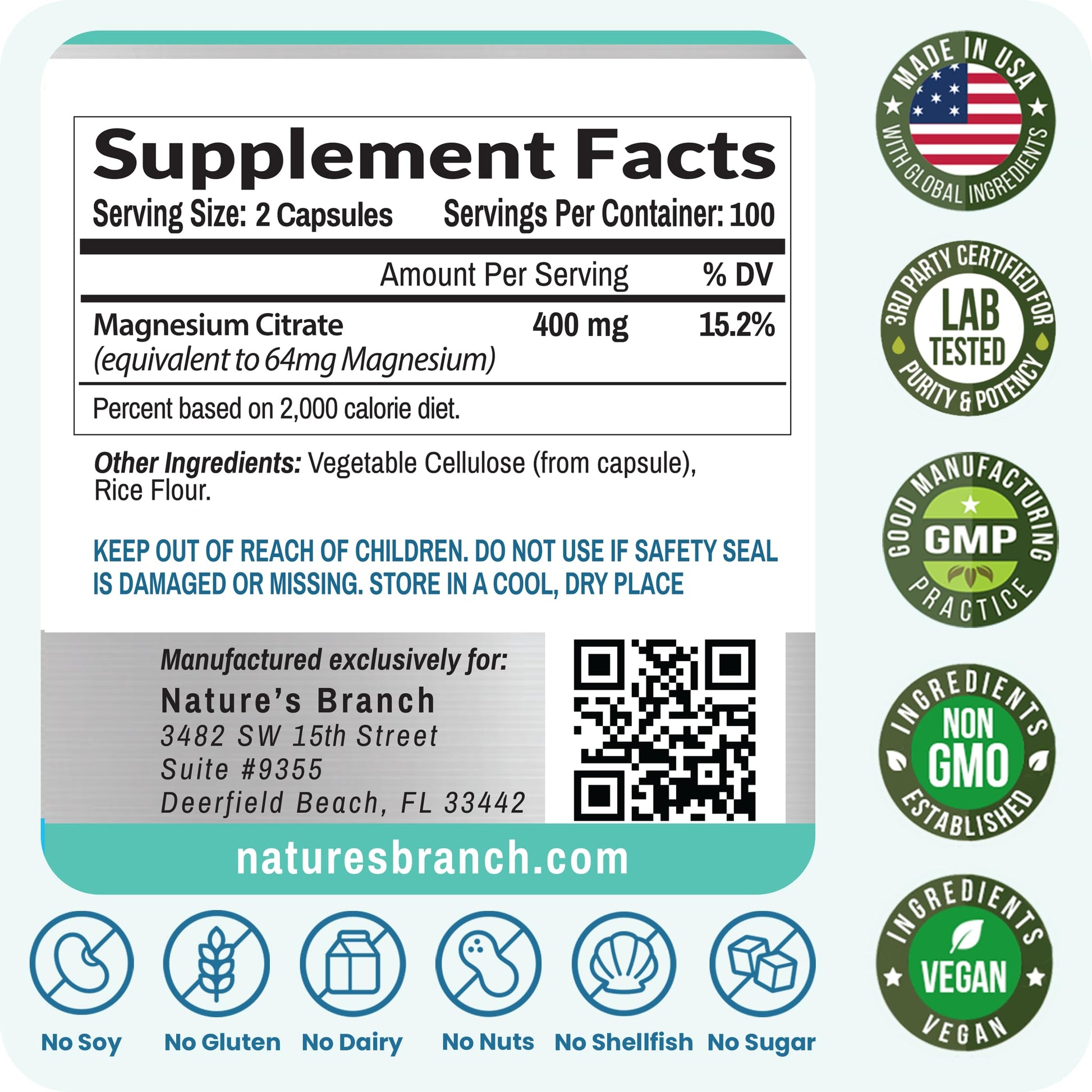 Magnesium Citrate 400mg | 200 Capsules, High Absorption for Sleep, Relax, Leg Cramps, Energy, Extra Strength Easy to Swallow Small Pills for Women & Men, Vegan Supplement for Digestion, Not Tablets NATURE'S BRANCH buy supplements canada