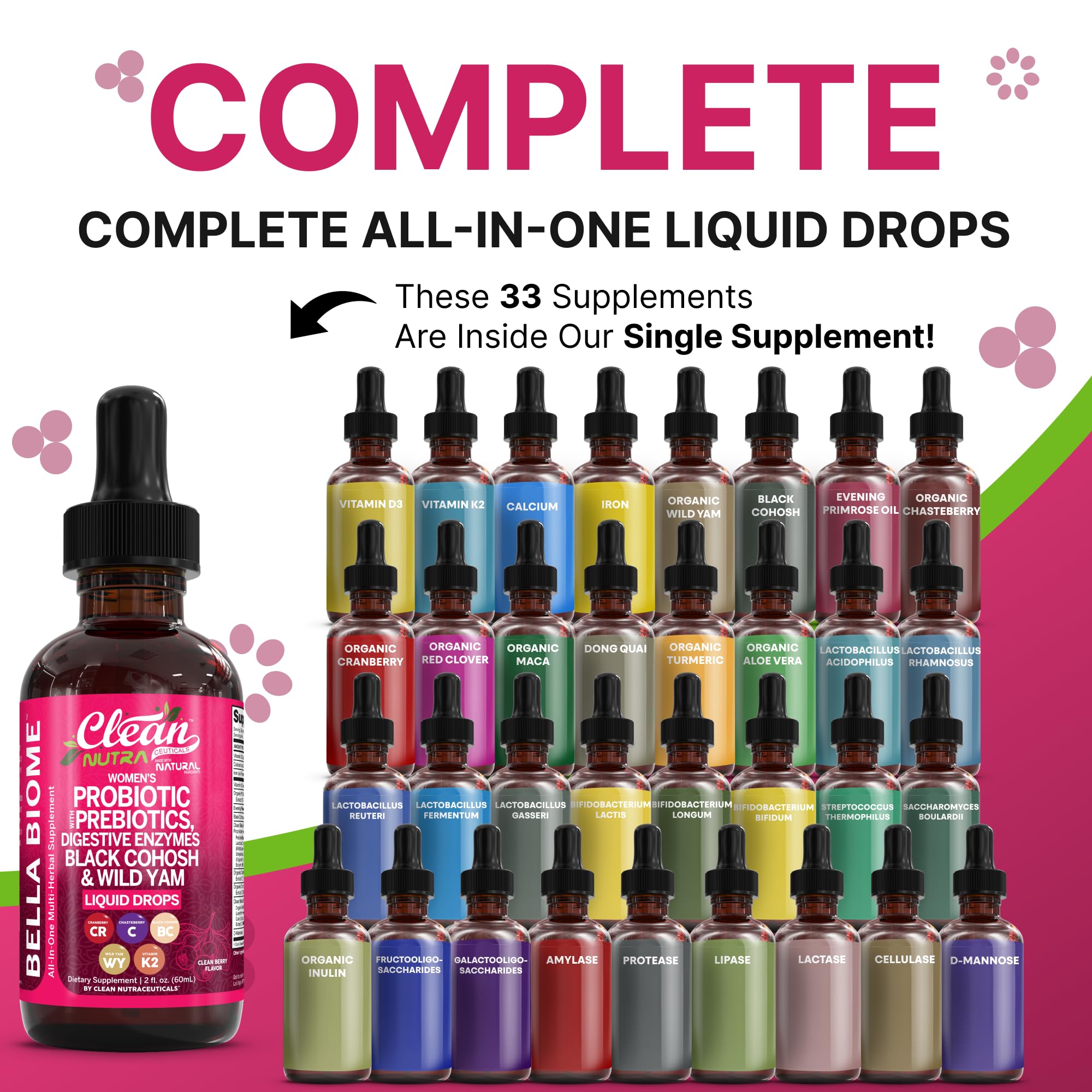 Liquid Probiotics for Women Drops with Chasteberry, Black Cohosh, Prebiotics, Digestive Enzymes, Evening Primrose Oil, Wild Yam, Cranberry Dmannose and Iron Vitamin D3 K2 Clean Nutra Bella Biotics Clean Nutraceuticals buy supplements canada