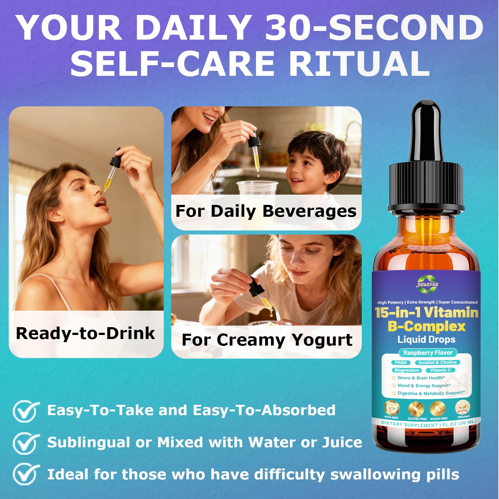 Advanced Vitamin B Complex Liquid Drops for Women Men & Kids, 15-in-1 VIT B Complex with Vitamin C B12 B6 B1 Niacin Folate for Brain Nerve Neuropathy Energy Mood Health, Sublingual B-Complex Drops JUIWEFKK buy supplements canada