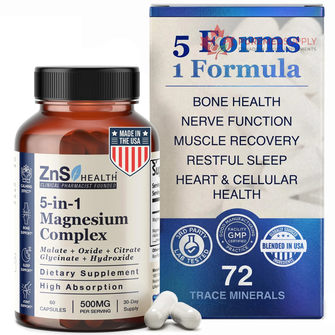 ZnS Health Spectrum 5 Magnesium Complex for Women & Men – 5 Magnesium Complex Supplement with Glycinate, Malate, Citrate & Hydroxide for Sleep, Muscle Recovery & Calm – 500mg Vegan – 60 Capsules ZnS Health buy supplements canada