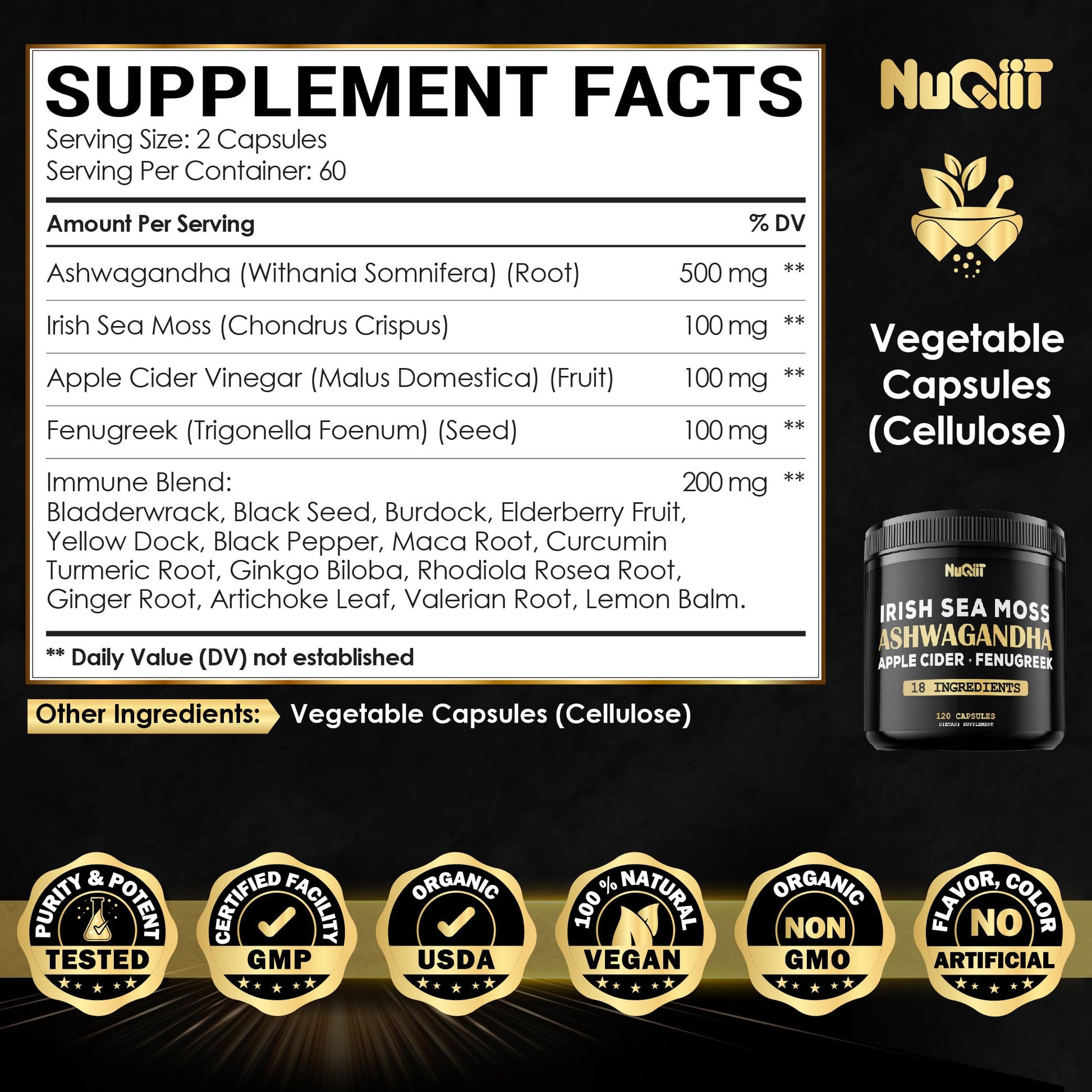 NUQIIT Organic Ashwangdha Capsules 15000mg Irish Sea Moss Apple Cider Vinegar & More - Support Brain Health, Strength & Immune System - 120 Vegan Capsules NUQIIT buy supplements canada