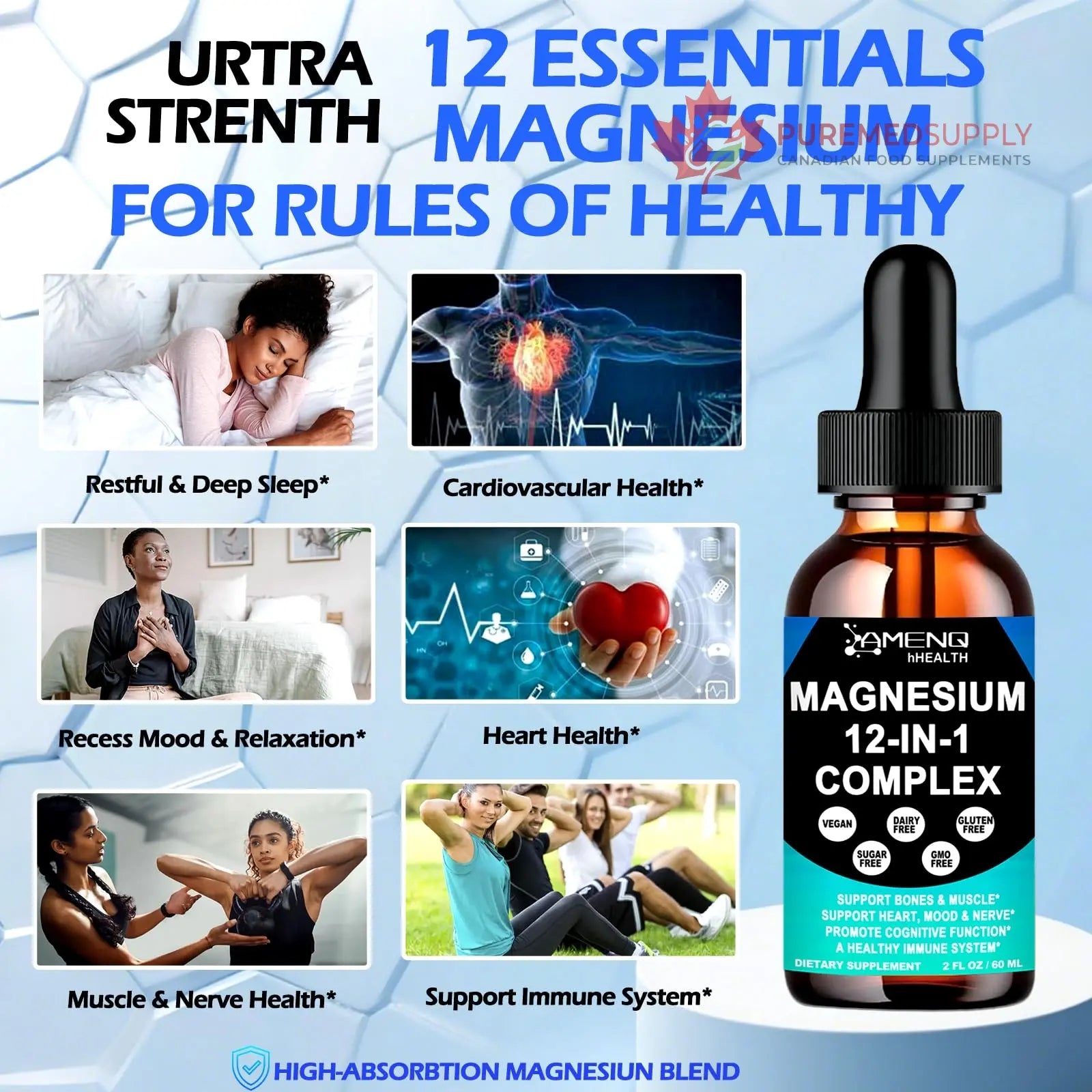 Magnesium 12 in 1 Complex Liquid Drops Magnesium Supplement w. Glycinate Citrate Malate Taurate Oxide Aspartate Orotate, Calm Magnesium for Sleep Muscle Heart Support丨Max Absorption Liquid Formula AMENQ hHEALTH buy supplements canada