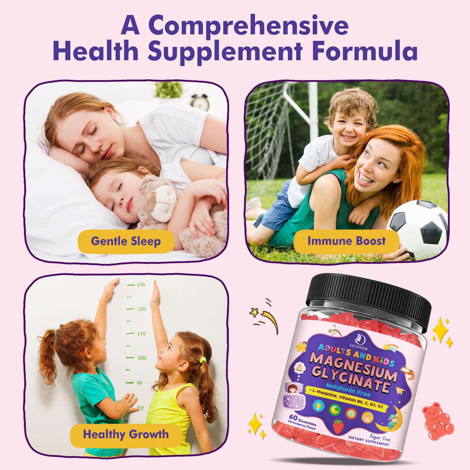 Magnesium Glycinate Gummies for Kids 4+ & Adults- Magnesium Glycinate 150/300 mg for Natural Sleep, Relaxation & Calm Support, Melatonin Free, Sugar Free Strawberry Flavor, 60 Ct LUCNVEM buy supplements canada