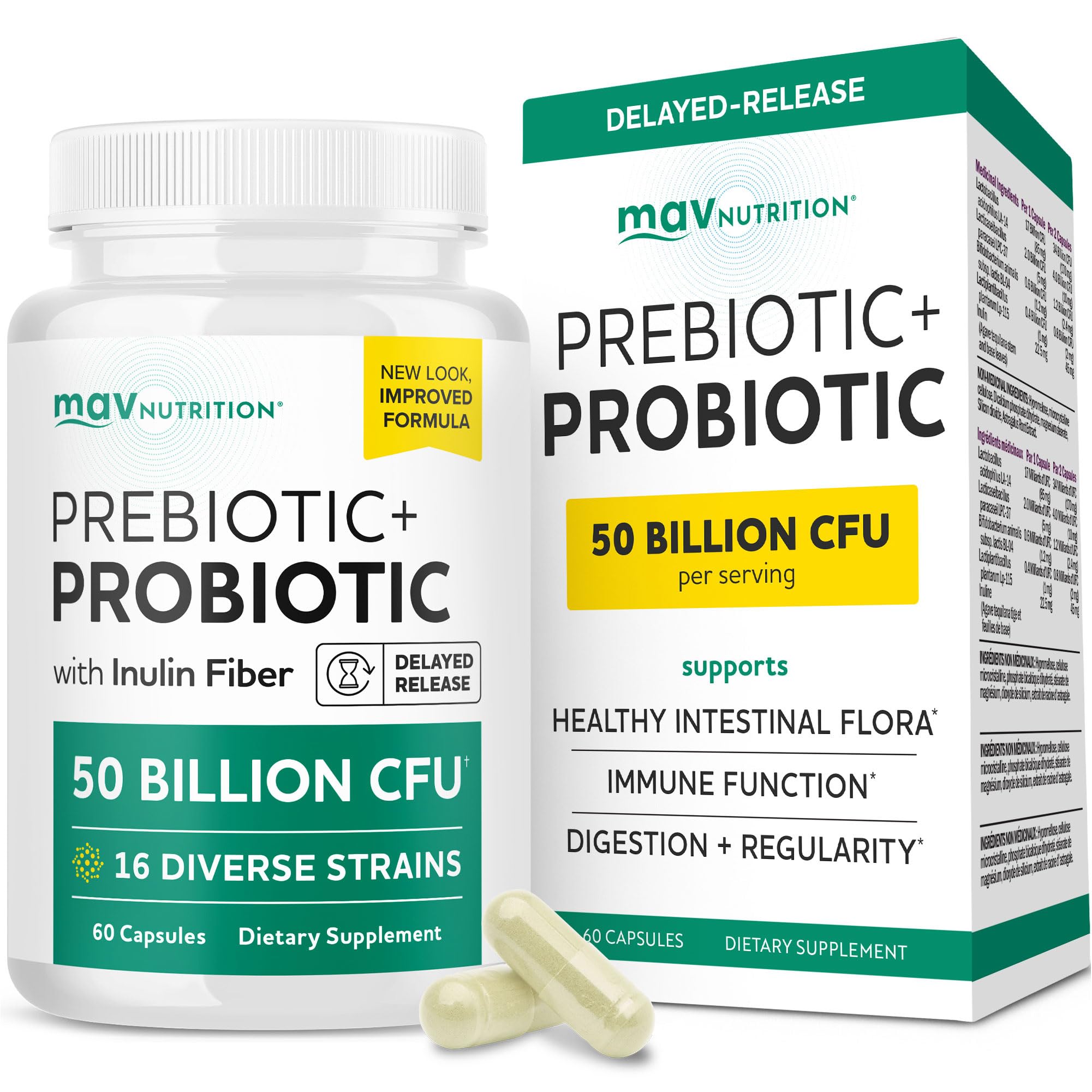 Prebiotics and Probiotics | 50 Billion CFU, 16 Probiotic Strains & Inulin Prebiotic Fiber | Delayed Release Capsules | Gut Health Support | Prebiotics and Probiotics for Women & Men | Non-GMO | 60 Ct MAV NUTRITION buy supplements canada