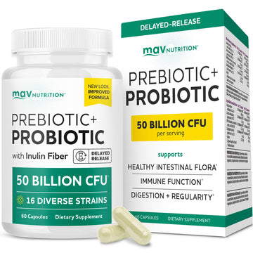 Prebiotics and Probiotics | 50 Billion CFU, 16 Probiotic Strains & Inulin Prebiotic Fiber | Delayed Release Capsules | Gut Health Support | Prebiotics and Probiotics for Women & Men | Non-GMO | 60 Ct MAV NUTRITION buy supplements canada