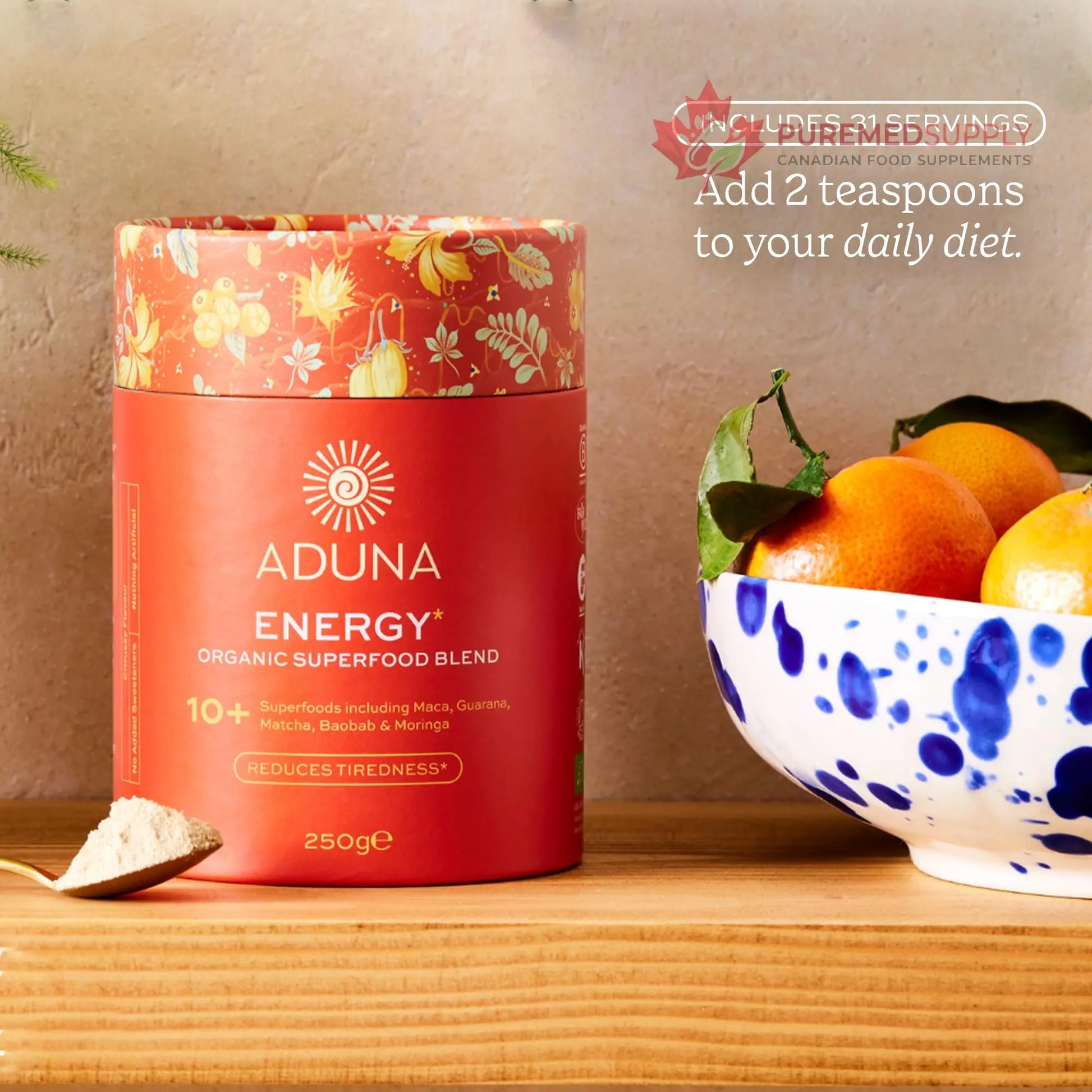 Aduna Organic Energy Superfood Blend | 100% Natural Stir-in Blend With 10+ Superfoods for Natural Energy, Focus & Reduced Tiredness | Vegan Powder for Yogurt, Juices, & Smoothies | 250g Aduna buy supplements canada