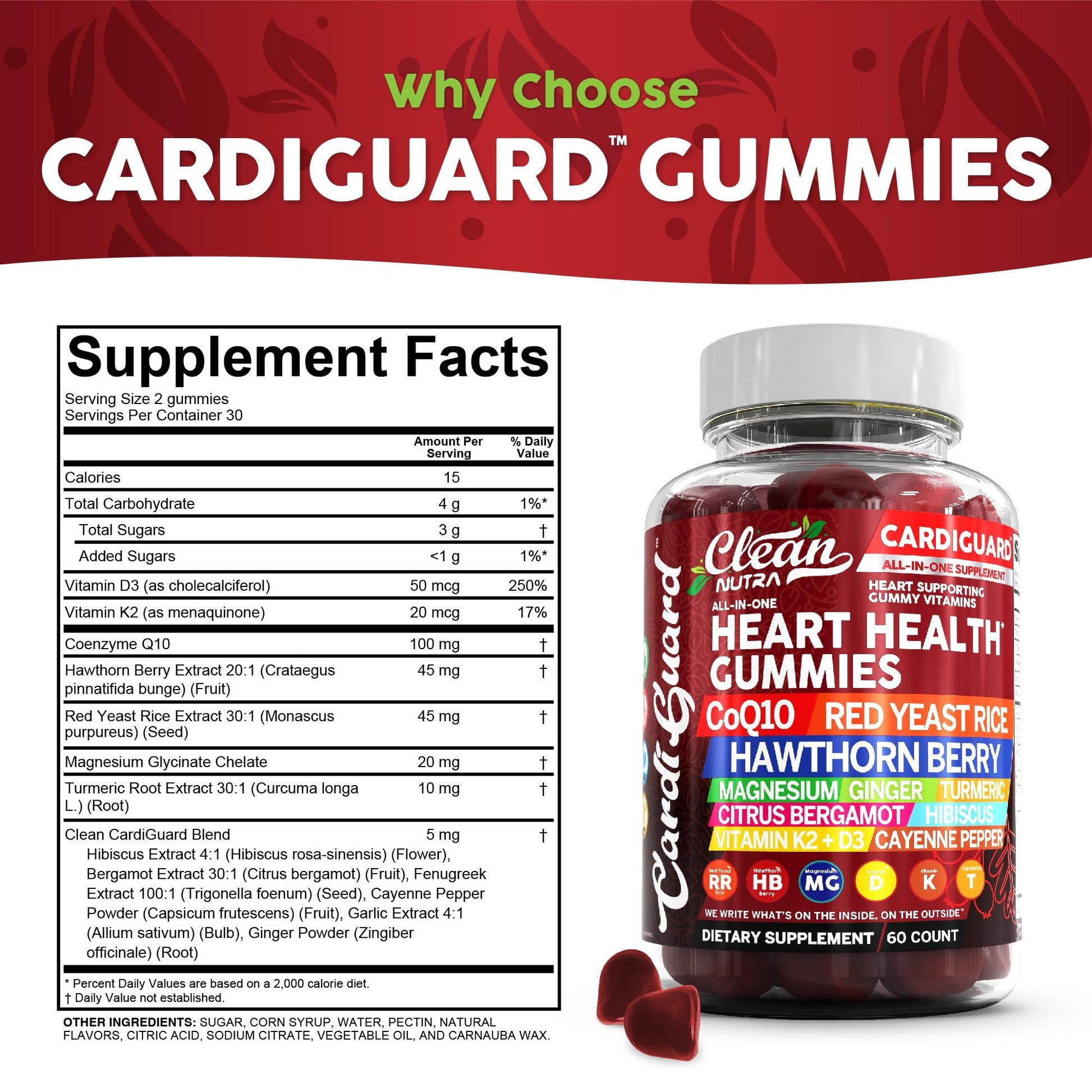 Clean Nutraceuticals Coq10 Gummies | Red Yeast Rice Hawthorn Berry Ginger Turmeric Citrus Bergamot Hibiscus Vitamin K2+D3 Magnesium Glycinate Cayenne Pepper Fenugreek Orange Flavor CardiGuard Clean Nutraceuticals buy supplements canada