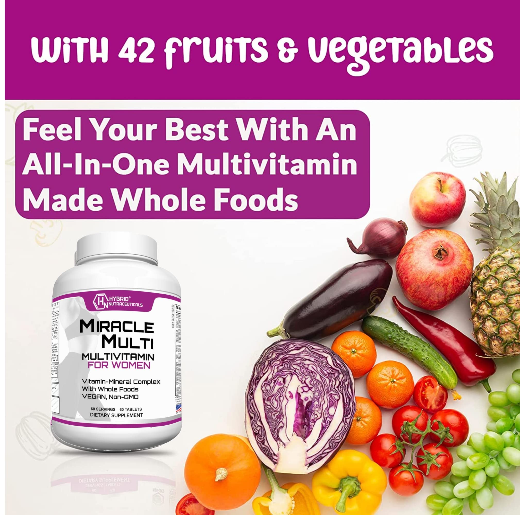 Hybrid Nutraceuticals MiracleMulti Women Multivitamin with Probiotics, Biotin, Folic Acid, Enzymes + Fruit & Vegetable Blend - Immune Support, Heart Health, Energy: 60 Servings (Non-GMO) Hybrid Nutraceuticals buy supplements canada