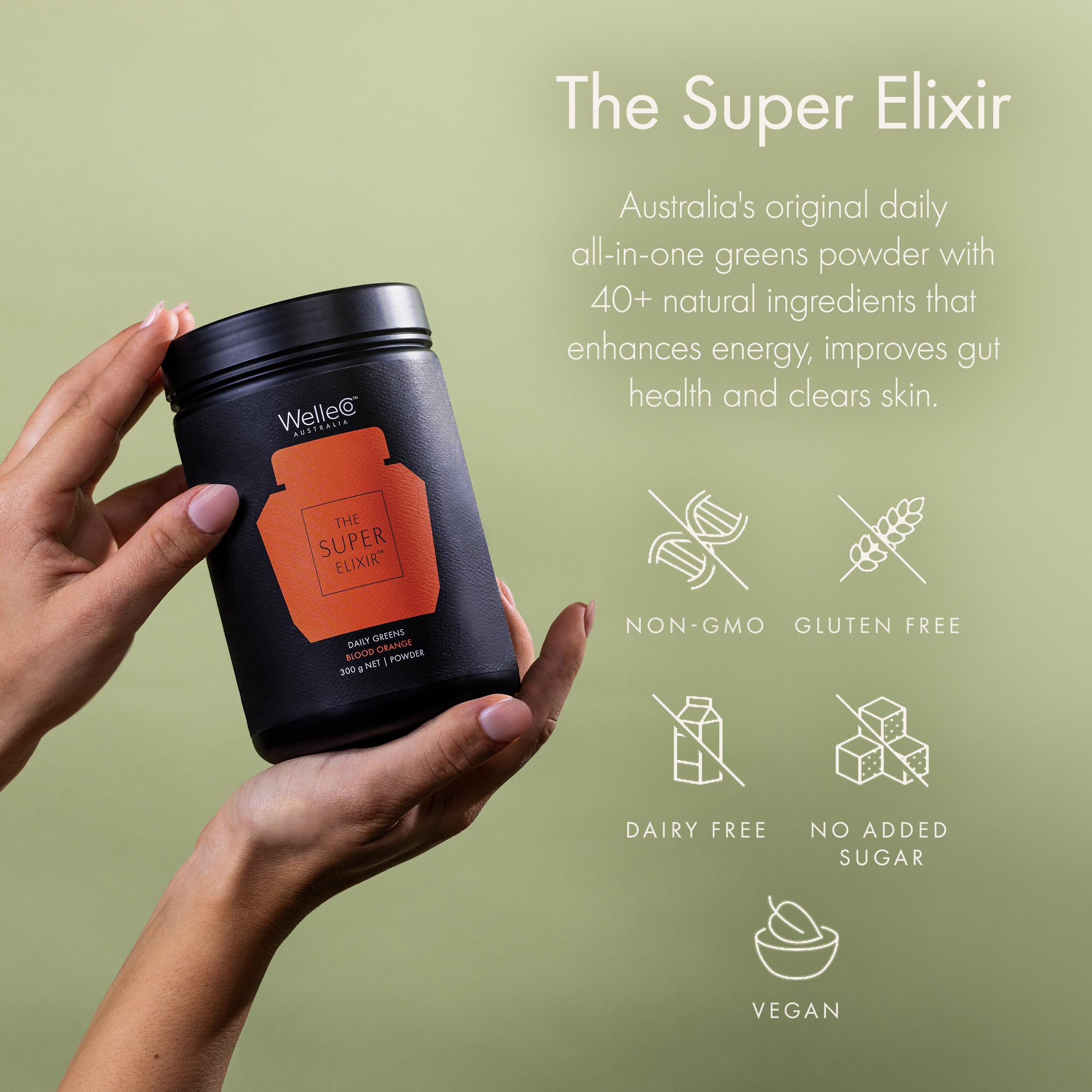 WelleCo The Super Elixir Daily Greens Powder, Probiotic Drink Mix with Whole Foods, Gluten Free, Vegan Gut Health Powder, Energy, Immunity, Healthy Skin, Hair & Nails (Jar, Blood Orange) WelleCo buy supplements canada