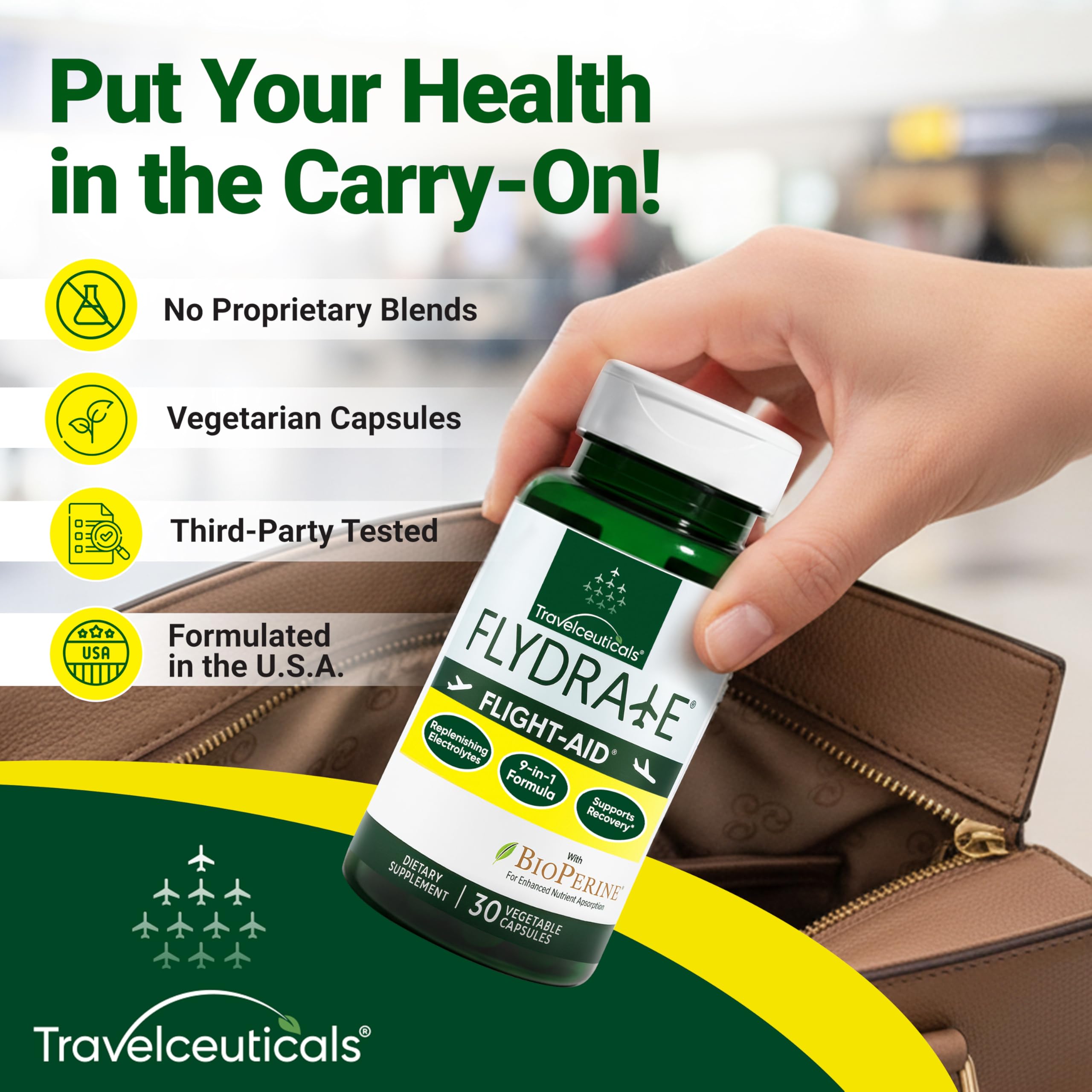 Flight-Aid | Replenishing Electrolyte Hydration Capsules Made for Travel, Jet Lag, Fatigue & Recovery | 9-in-1 Formula with Essential Electrolytes, Vitamins, Minerals & Bioperine® | 30 Capsules Flydrate buy supplements canada