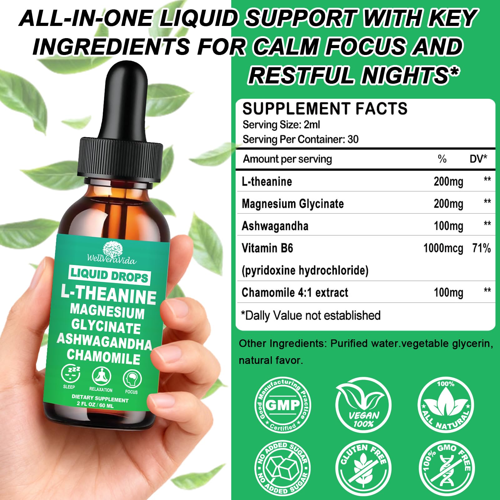 L theanine Liquid Drops, Theanine Supplement With Magnesium Glycinate & Ashwagandha for Sleep, Relaxation & Focus Support, High Absorption Liquid L Theanine 200mg for Adults & Kids丨Vegan, Non-GMO, 2oz WellVeraVida buy supplements canada