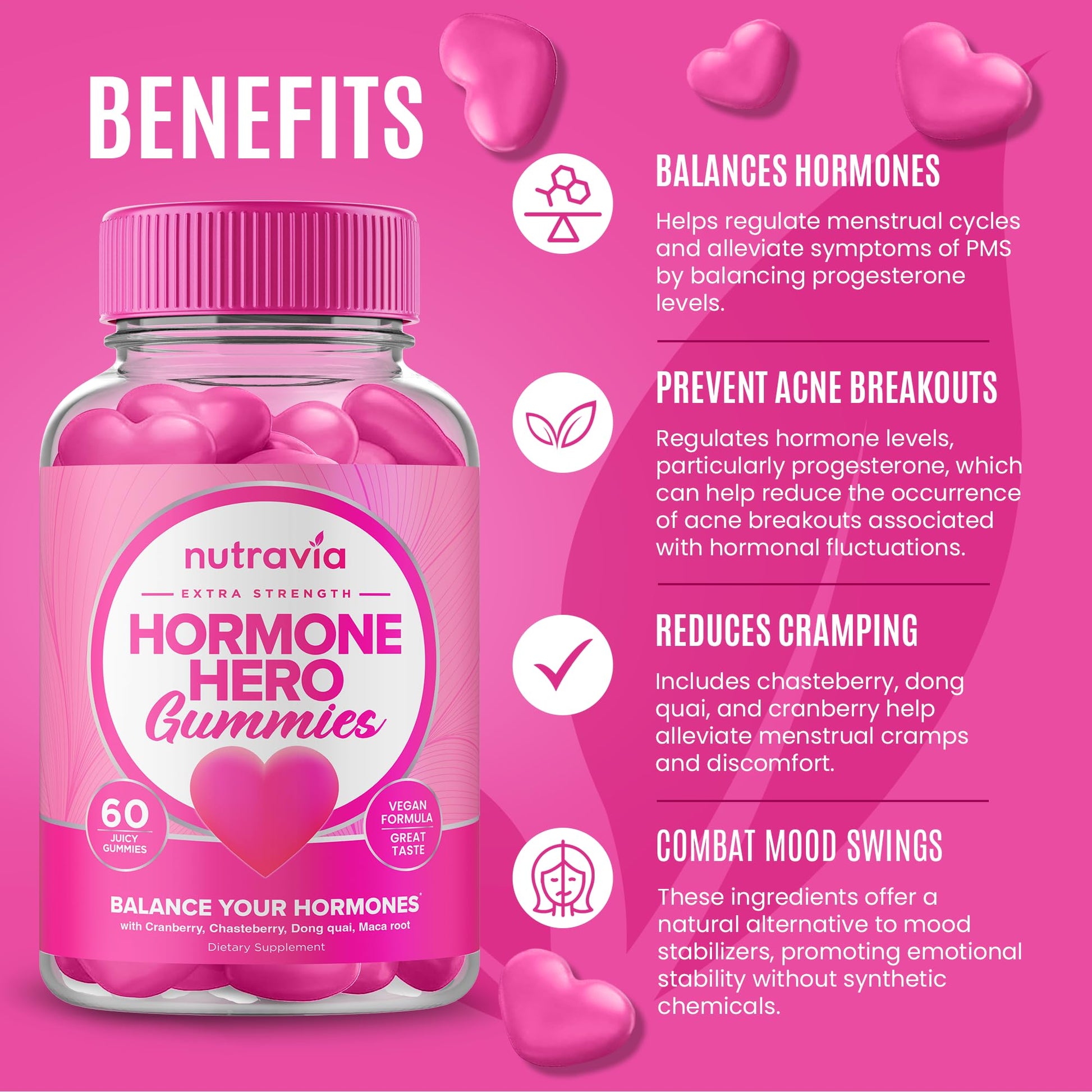 Hormone Balance For Women Gummies + PMS Relief Supplement - Supports Mood Swings, Clear Skin, Reduced Cramps and Bloating - Hormonal PMS Gummies PCOS Vitamin with Cranberry, Dong Quai (60 Gummies) Nutravia buy supplements canada
