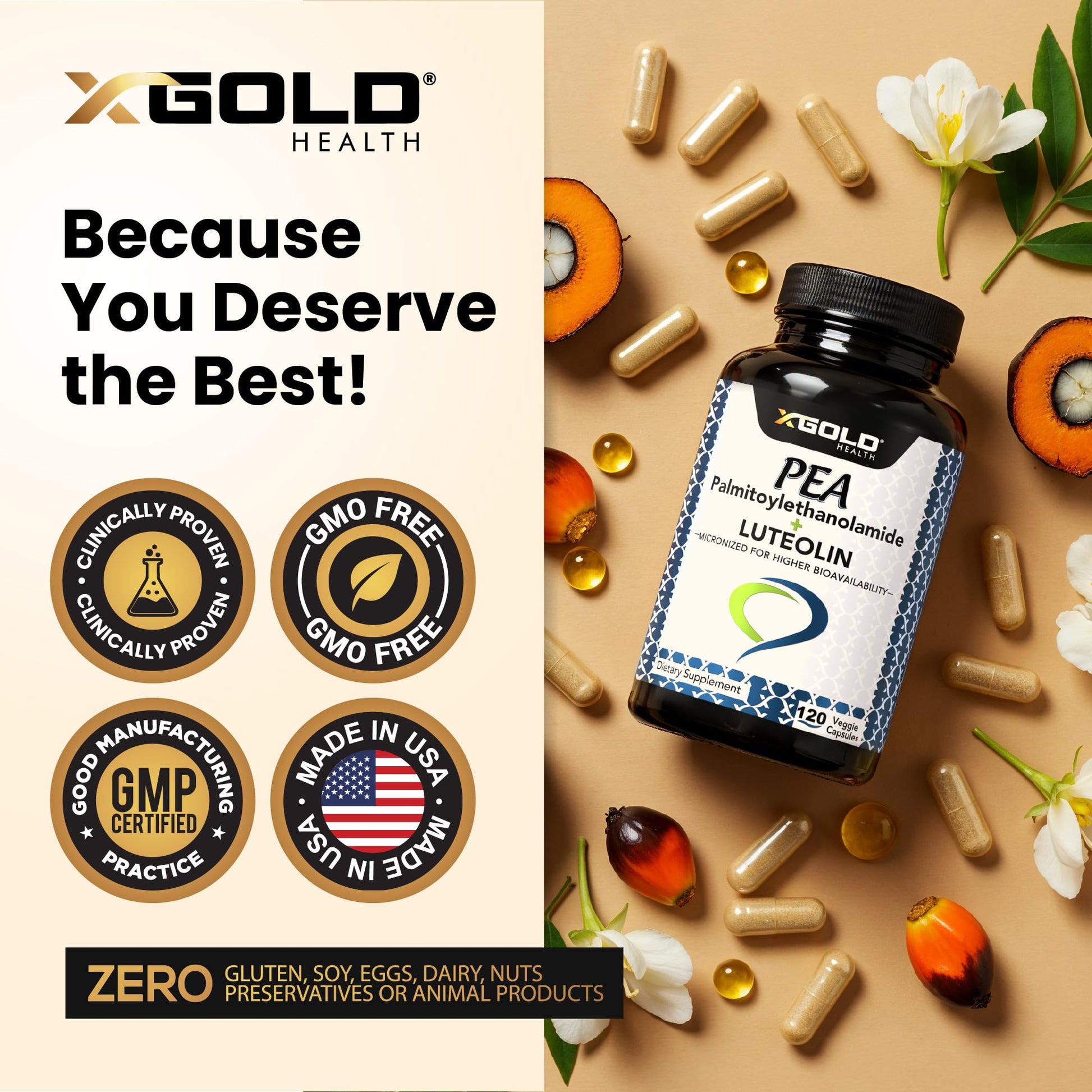 Palmitoylethanolamide 630 mg + Luteolin Standardized 98%- Micronized Pea 99% Highly Purified and Bioavailable - Made in USA - Supplement for Men and Women - 120 Veggie Capsules X Gold Health buy supplements canada