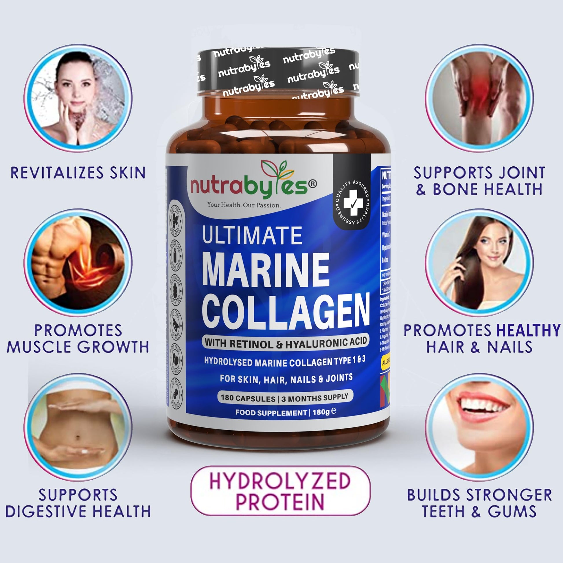 High Strength Marine Collagen with Hyaluronic Acid, Retinol and Vitamin C | 180 Capsules - 3 Months Supply NUTRABYTES buy supplements canada
