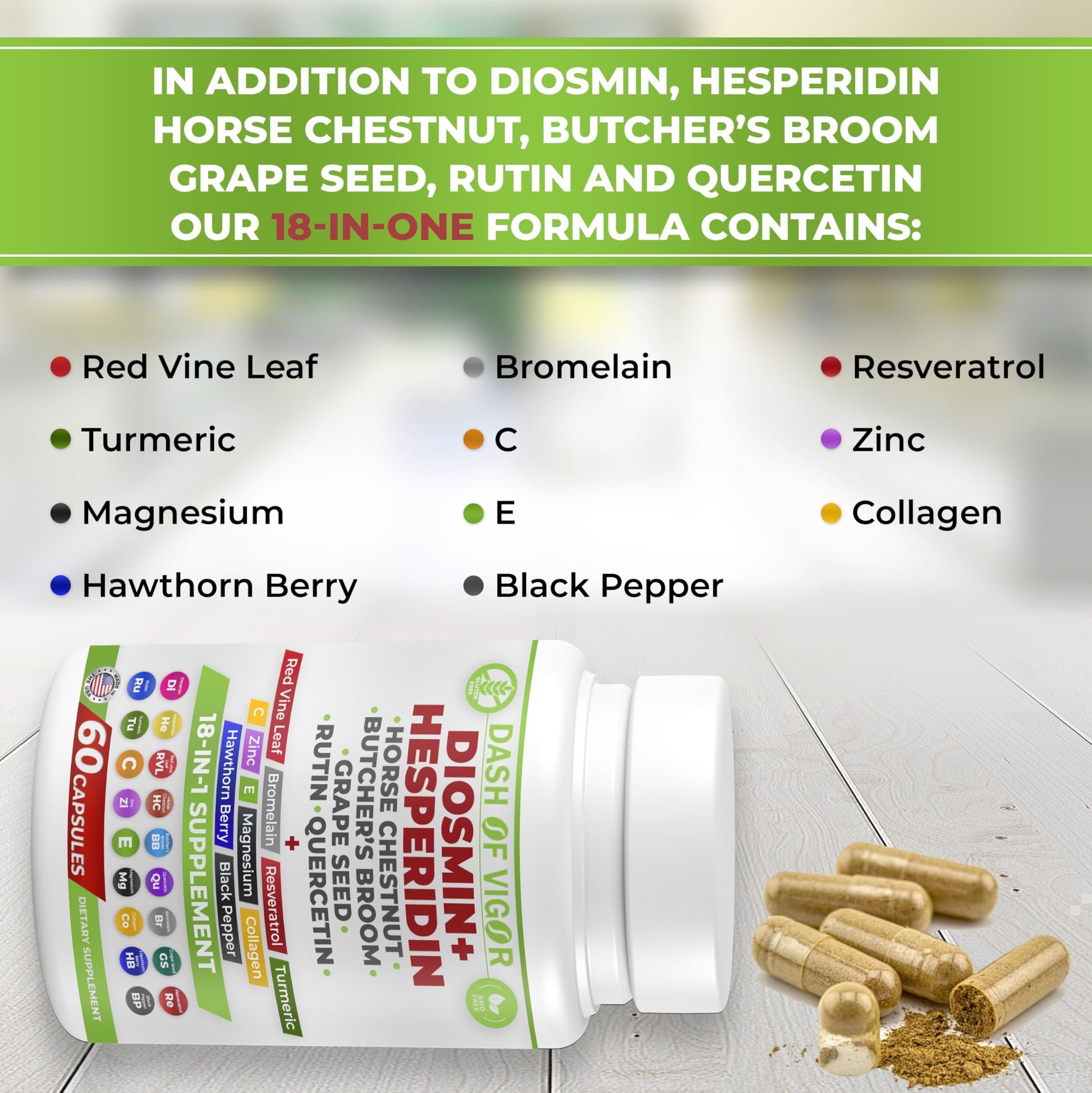 Dash of Vigor 18-in-1 Diosmin Hesperidin Supplement, Quercetin with Bromelain, Zinc, Vitamin C with Rutin Supplement, Horse Chestnut Extract, Butcher's Broom Extract, USA, 60 Capsules DASH OF VIGOR DOFV buy supplements canada
