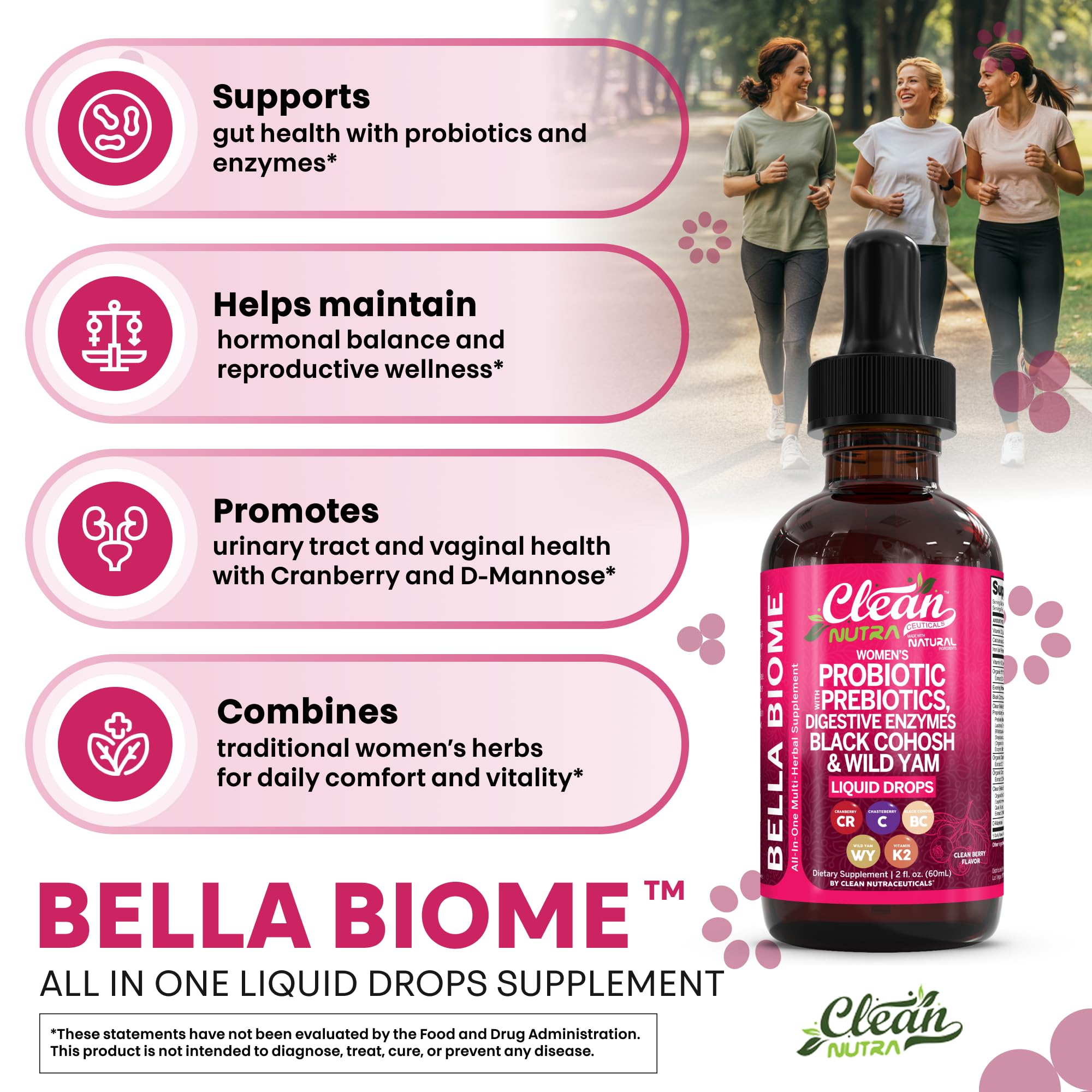 Liquid Probiotics for Women Drops with Chasteberry, Black Cohosh, Prebiotics, Digestive Enzymes, Evening Primrose Oil, Wild Yam, Cranberry Dmannose and Iron Vitamin D3 K2 Clean Nutra Bella Biotics Clean Nutraceuticals buy supplements canada