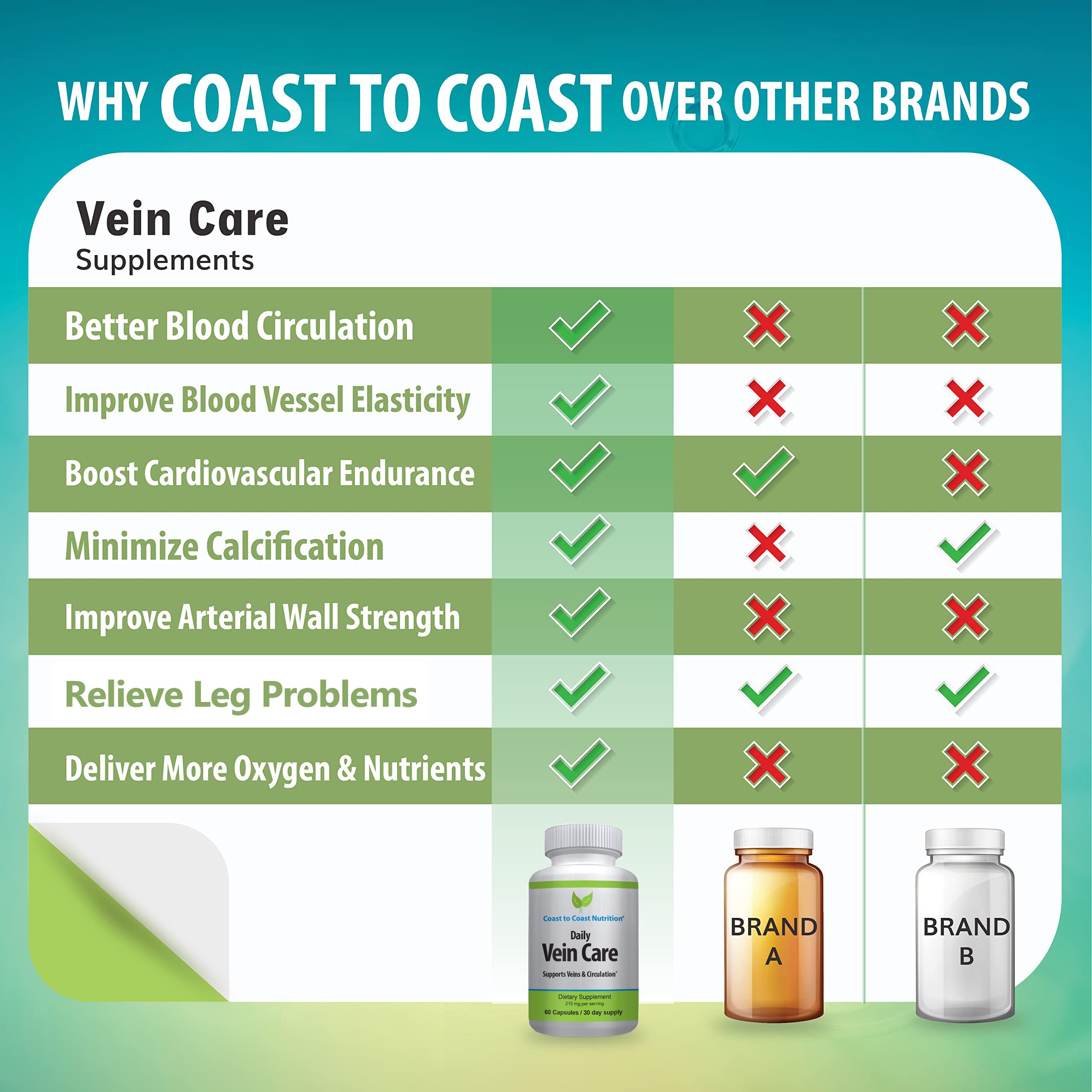 Coast to Coast Nutrition Daily Vein Care Supplement Capsules — Circulation Formula with a Natural Blend of Calcium, Vitamin D3, Vitamin K2 Plus BioPerine for Max Absorption Vein Formula — 60 Capsules Coast to Coast Nutrition buy supplements canada