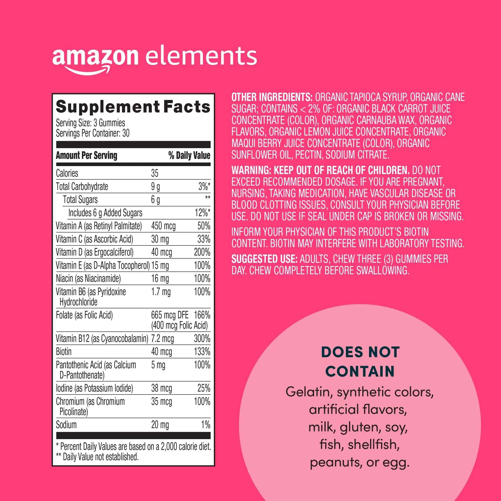 Amazon Elements - Adult Women’s Organic Multivitamins, 90 Gummies (30 servings), Vegetarian Amazon Elements buy supplements canada